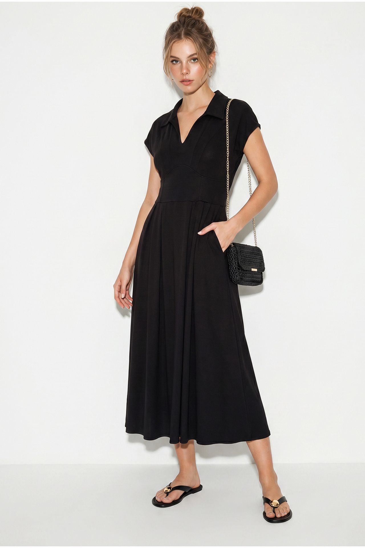 LUCCI A-line Midi Jersey Dress With Polo Collar 4