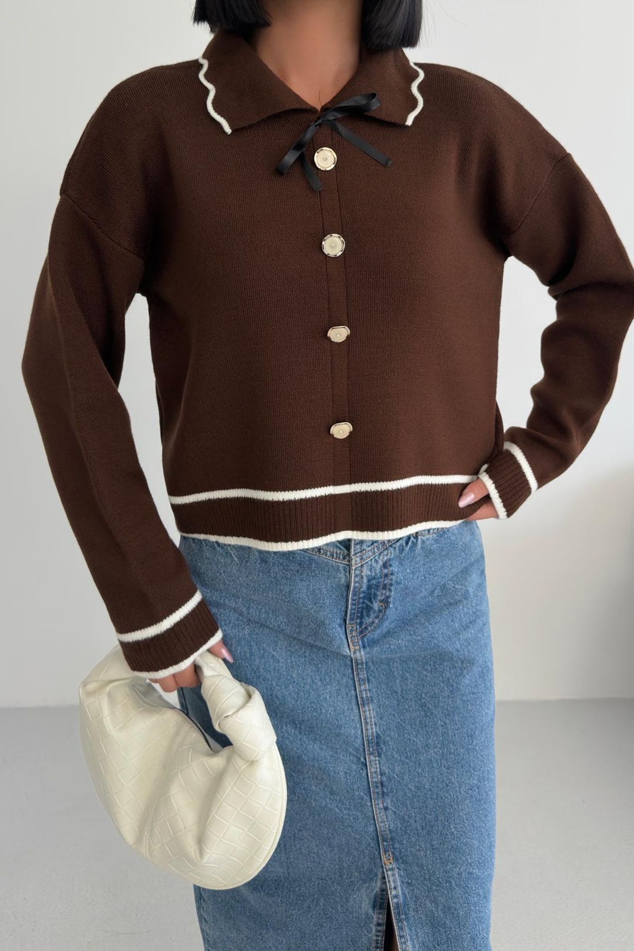 MY FASHION Textured Polo Neck Knit Sweater with Ribbon Detail 4