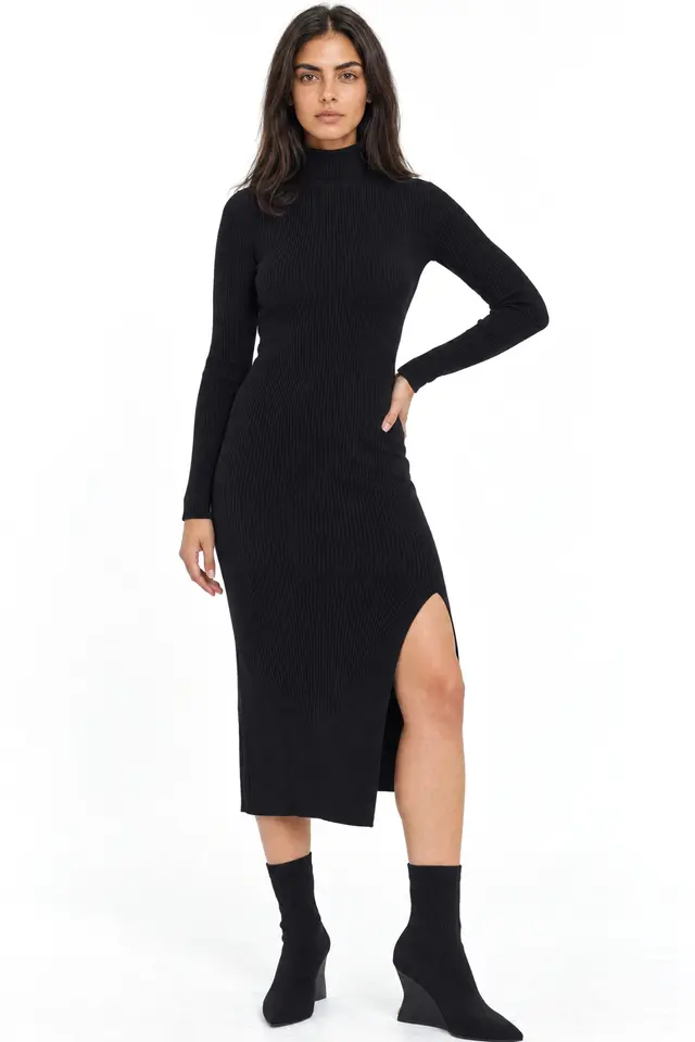 Mixray Turtleneck Midi Knit Dress with Slit