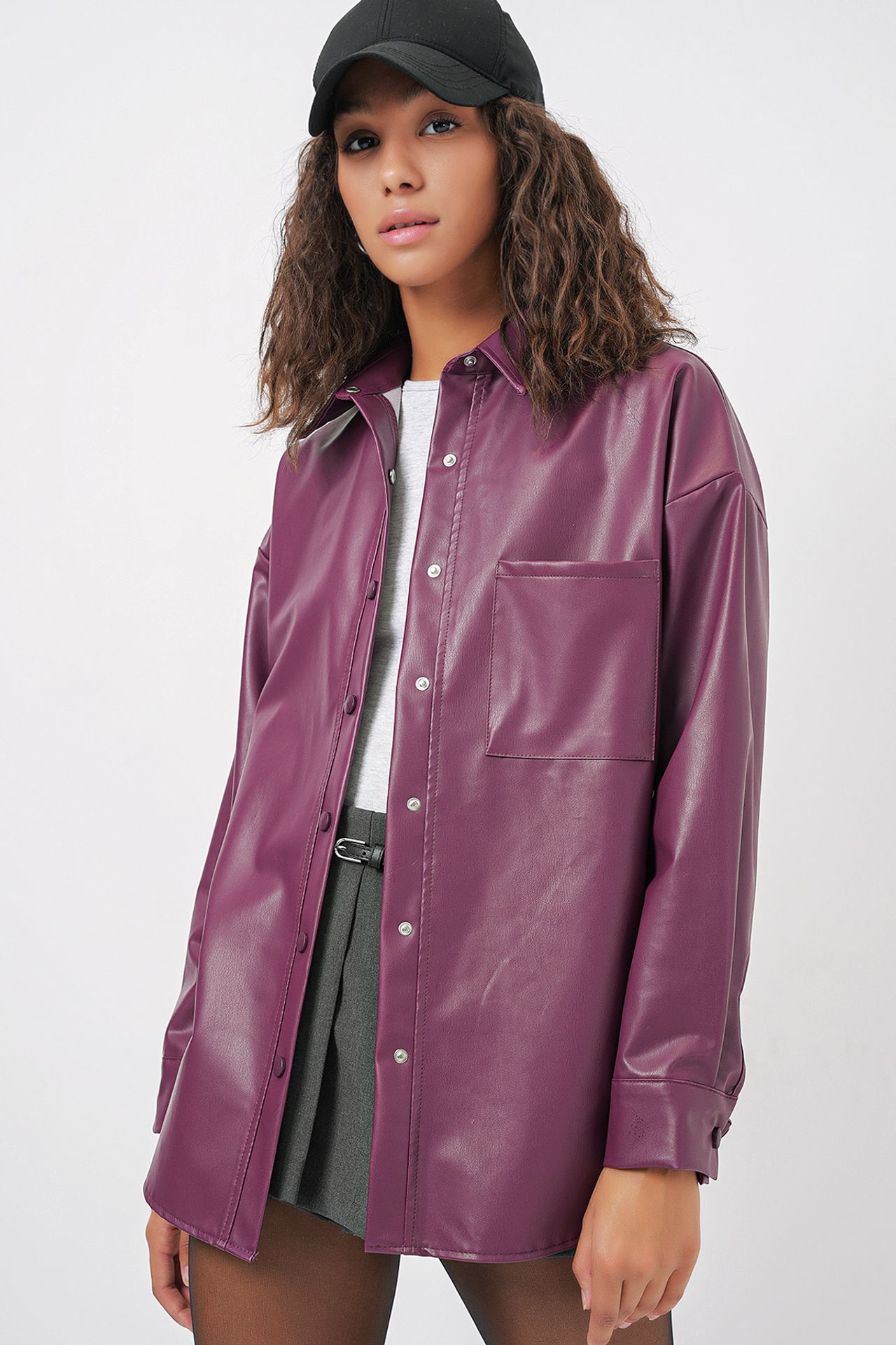 BDART Oversized Faux Leather Long Sleeve Button-Up Shirt with Pocket 1