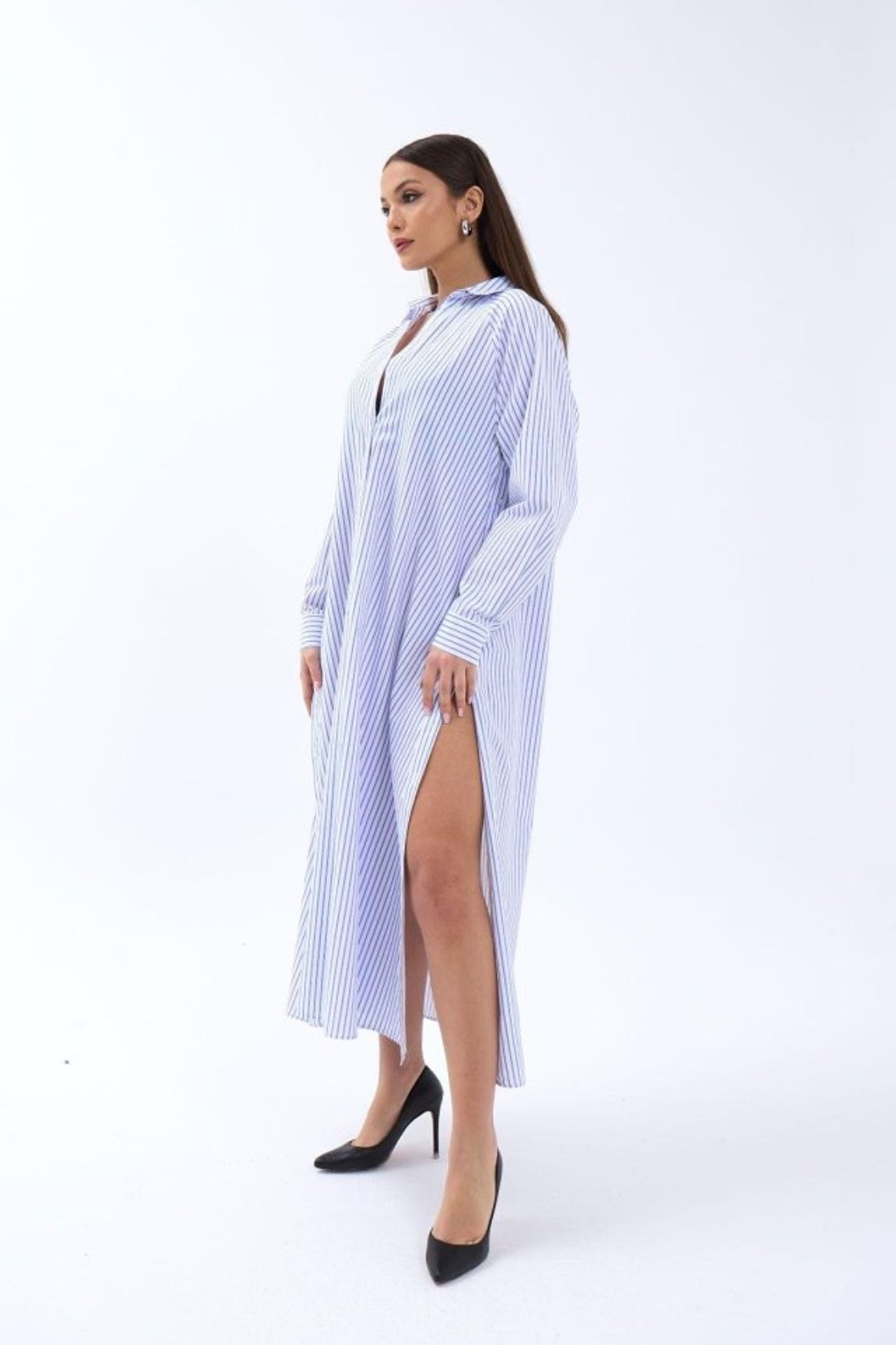 HiCCUP - Baby Blue Janes Striped Midi Dress With Button Closure And ...