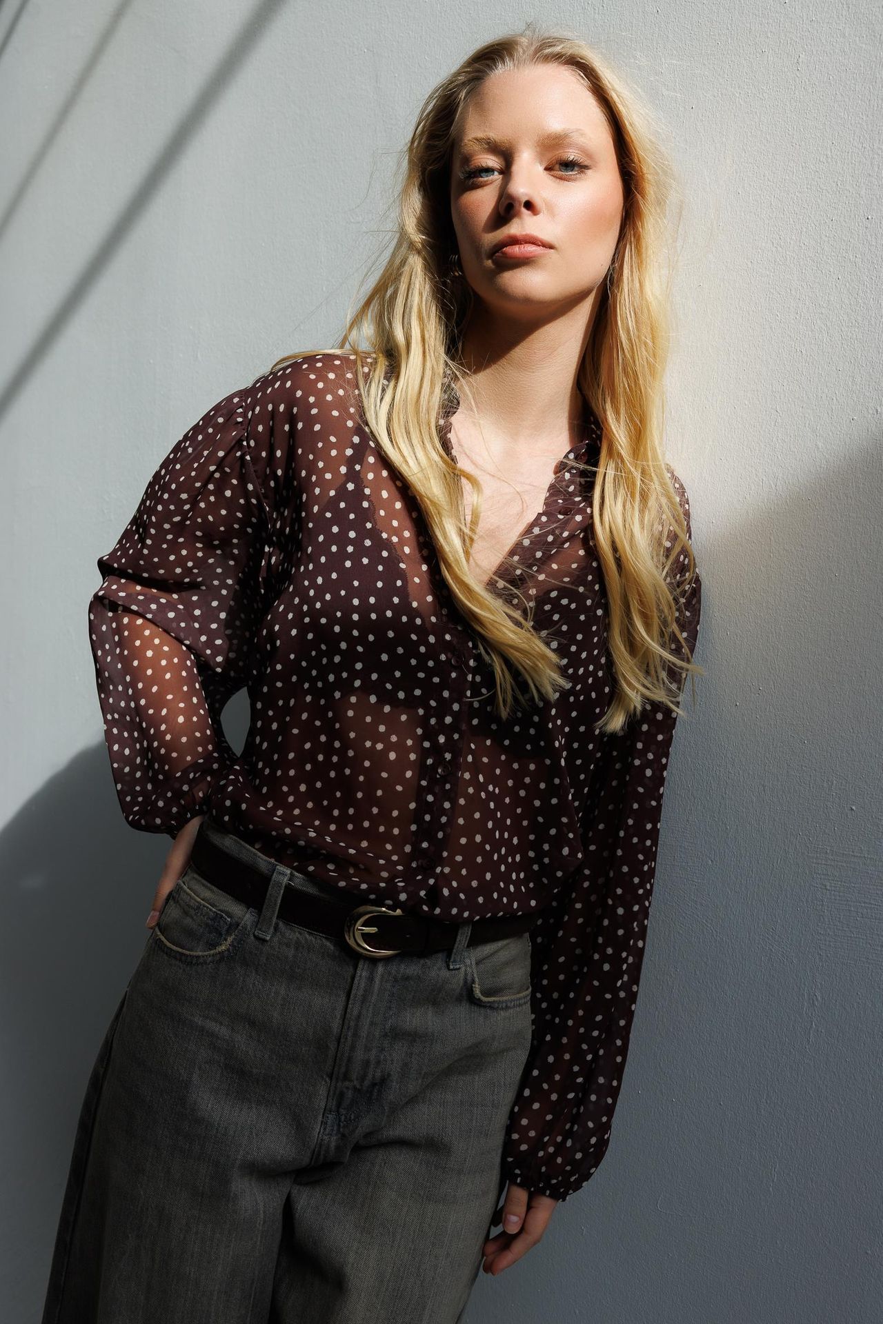 MIXRAY Polka Dot Chiffon Button-Up Shirt 1