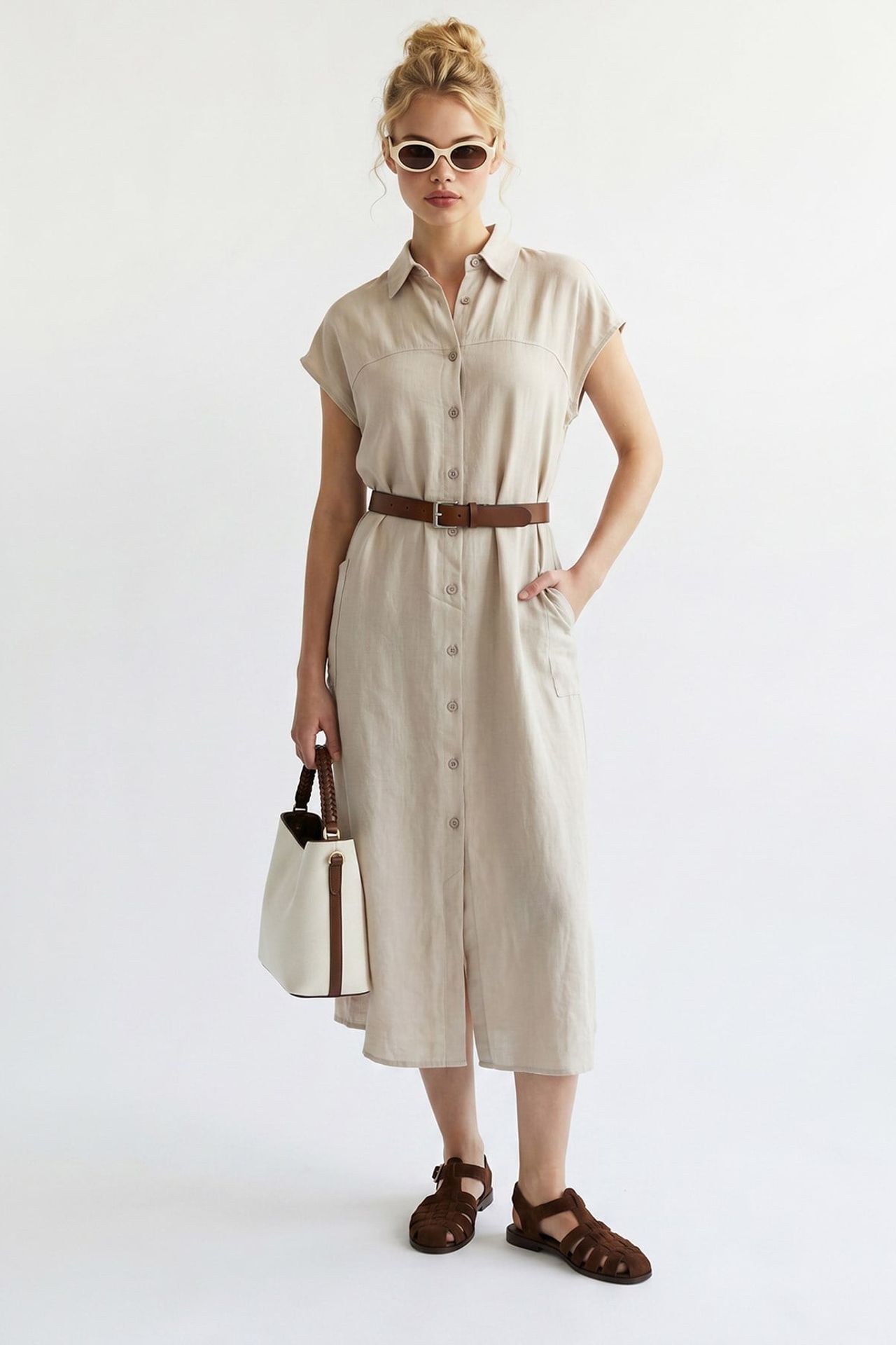 MIXRAY Belted Midi Shirt Dress 4