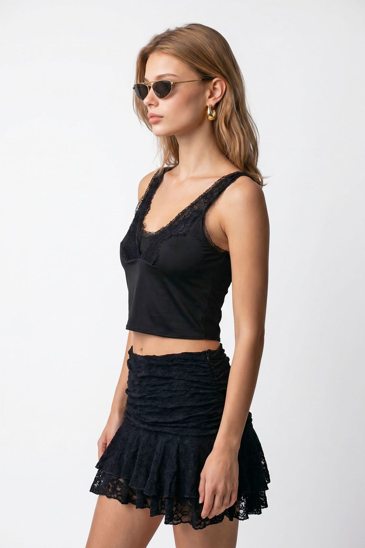 MIXRAY High-Waist Lace Mini Skater Skirt 4