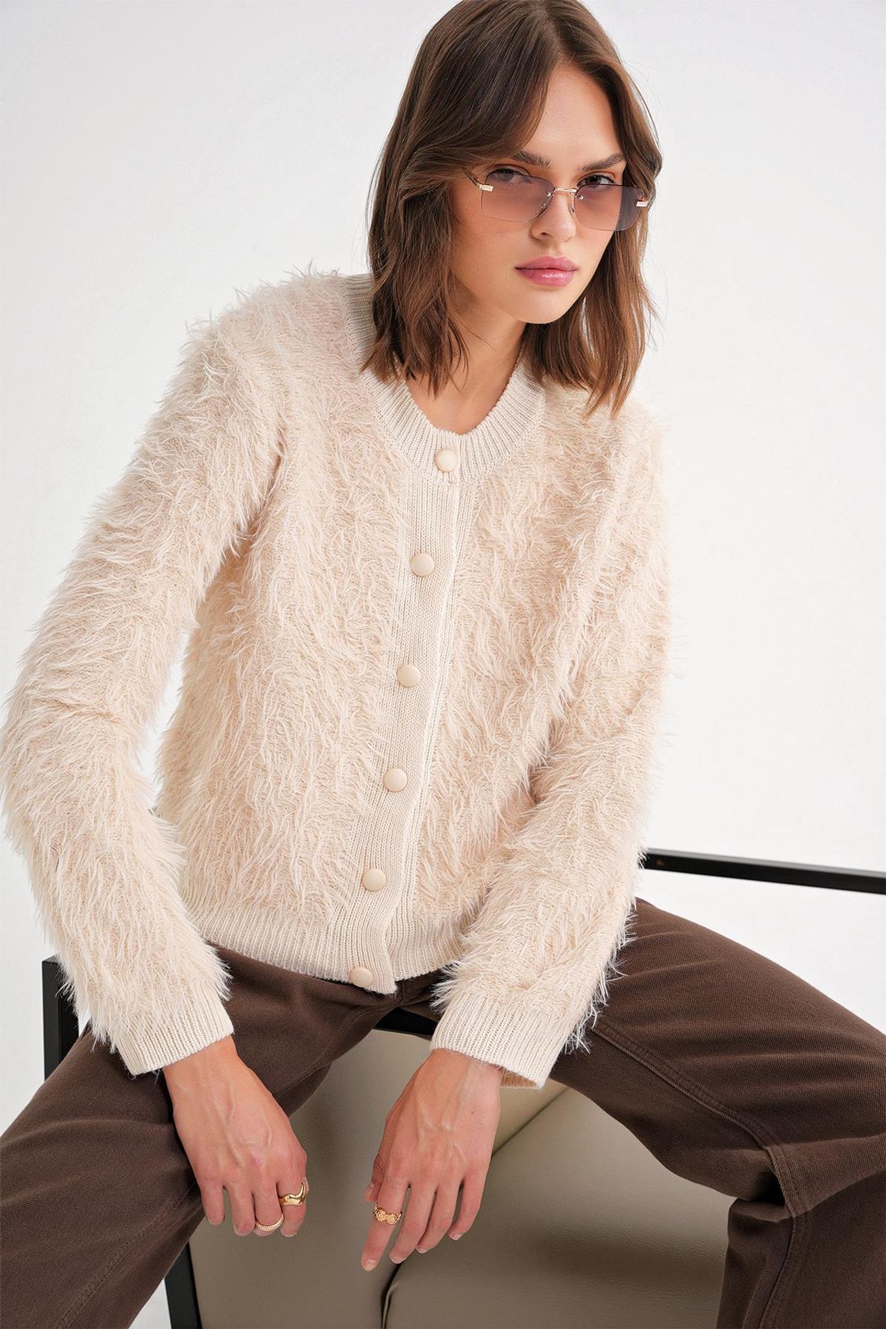 Mixray Buttoned Plush Textured Cardigan 5