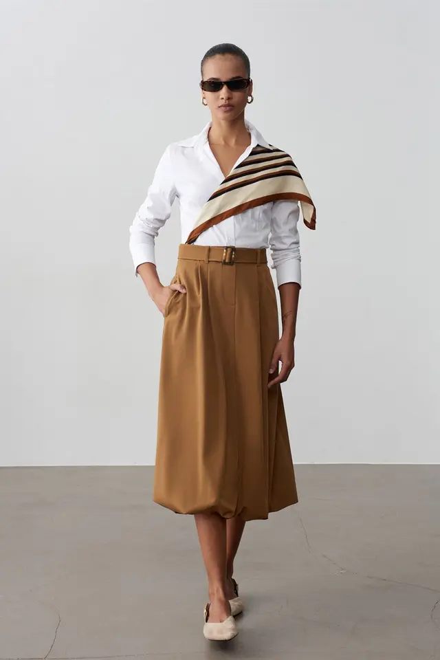 DILVIN High-waist Belted Midi Balloon Skirt