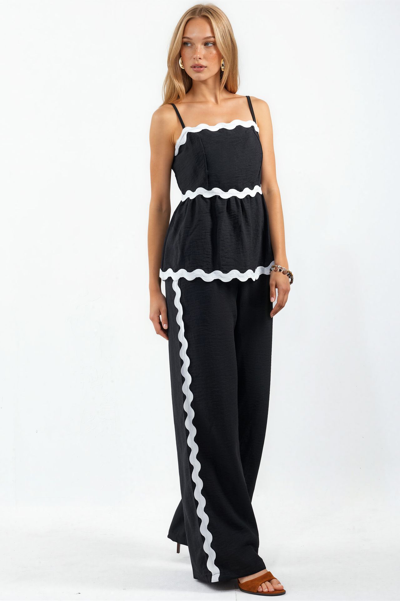 MSN Strapless Linen Blouse And Wide-leg Trouser Set 1
