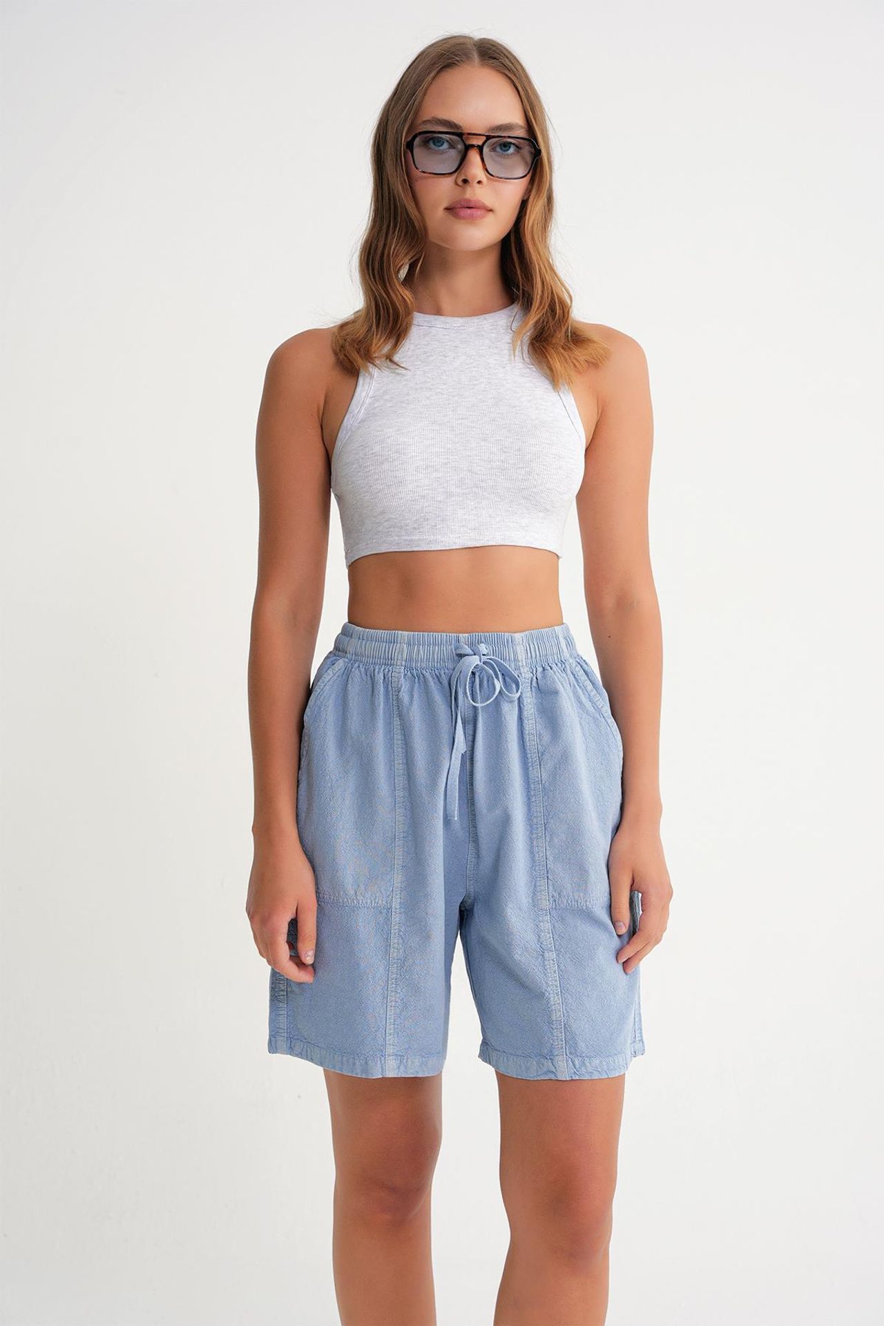 Mixray High Waist Cotton Drawstring Mini Shorts 2