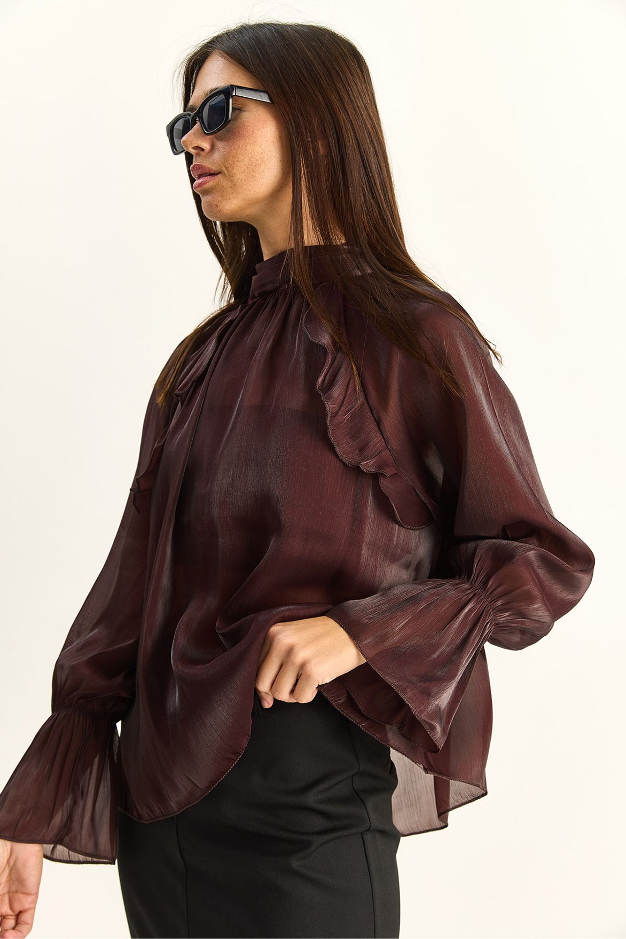 LUCCI Frilly Mandarin Collar Button-Up Shirt 4