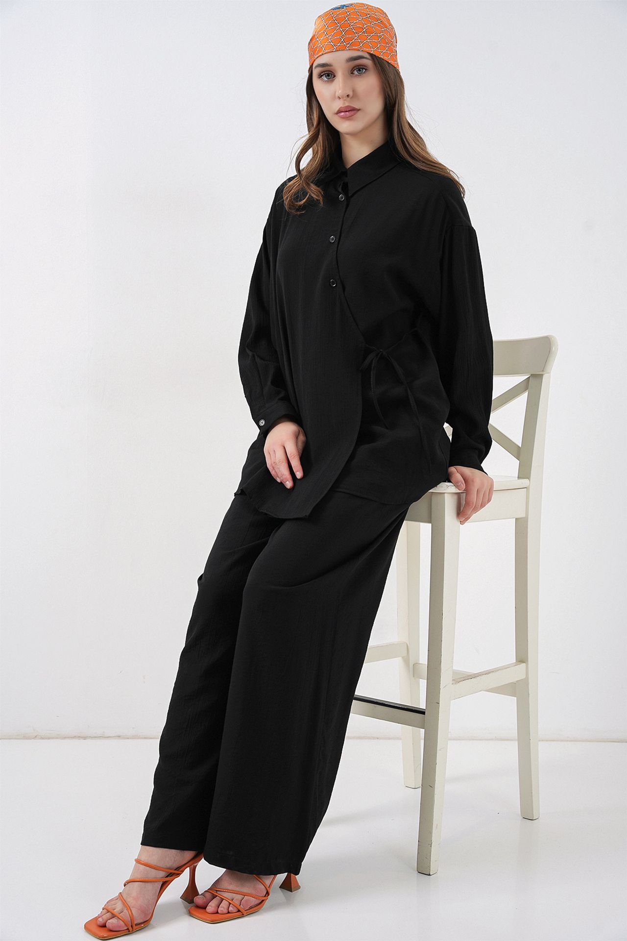 BDART Tie Detail Shirt Collar Tunic-Pants Set 2