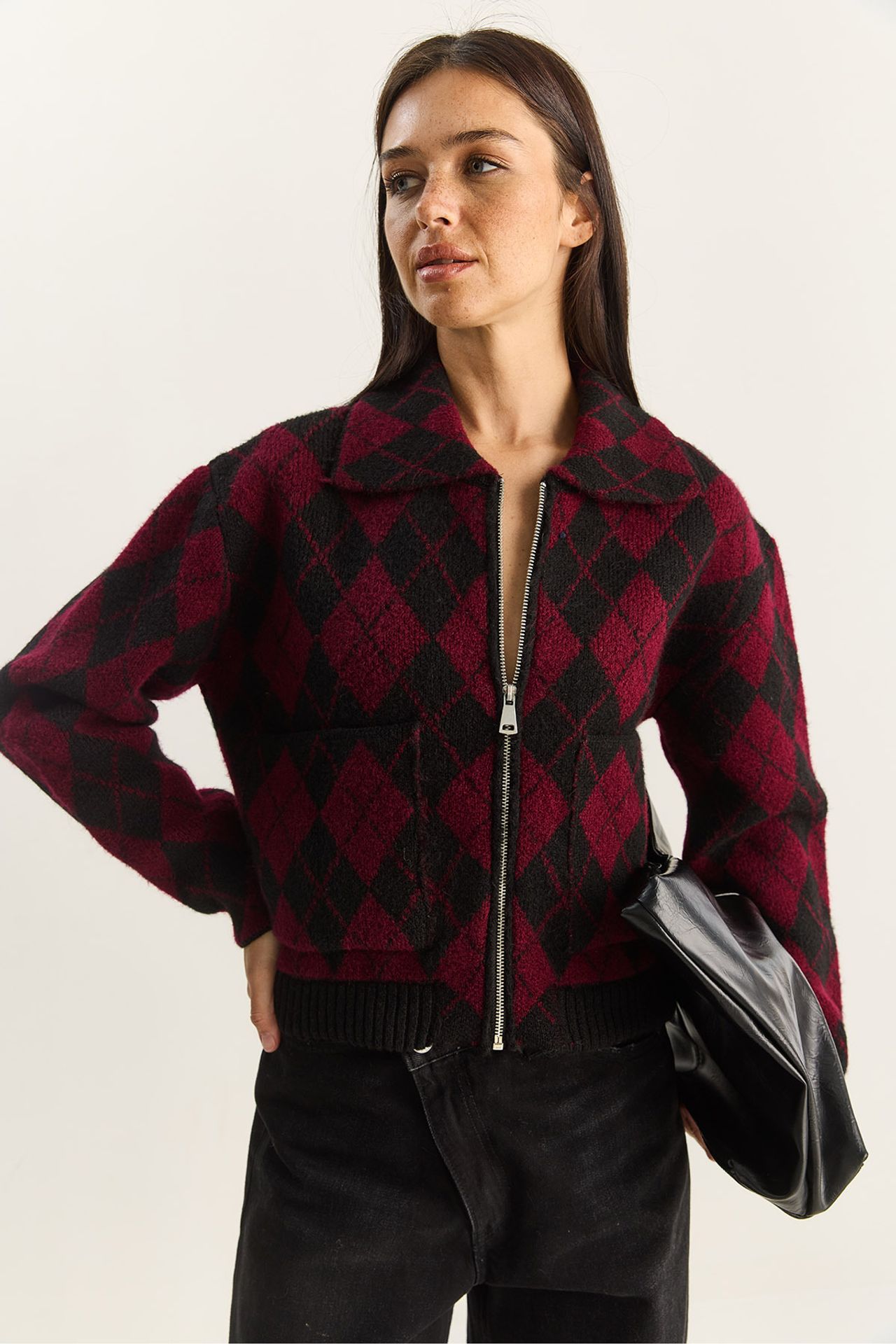 LUCCI Thick Jacquard Knit Cardigan with Zipper 3