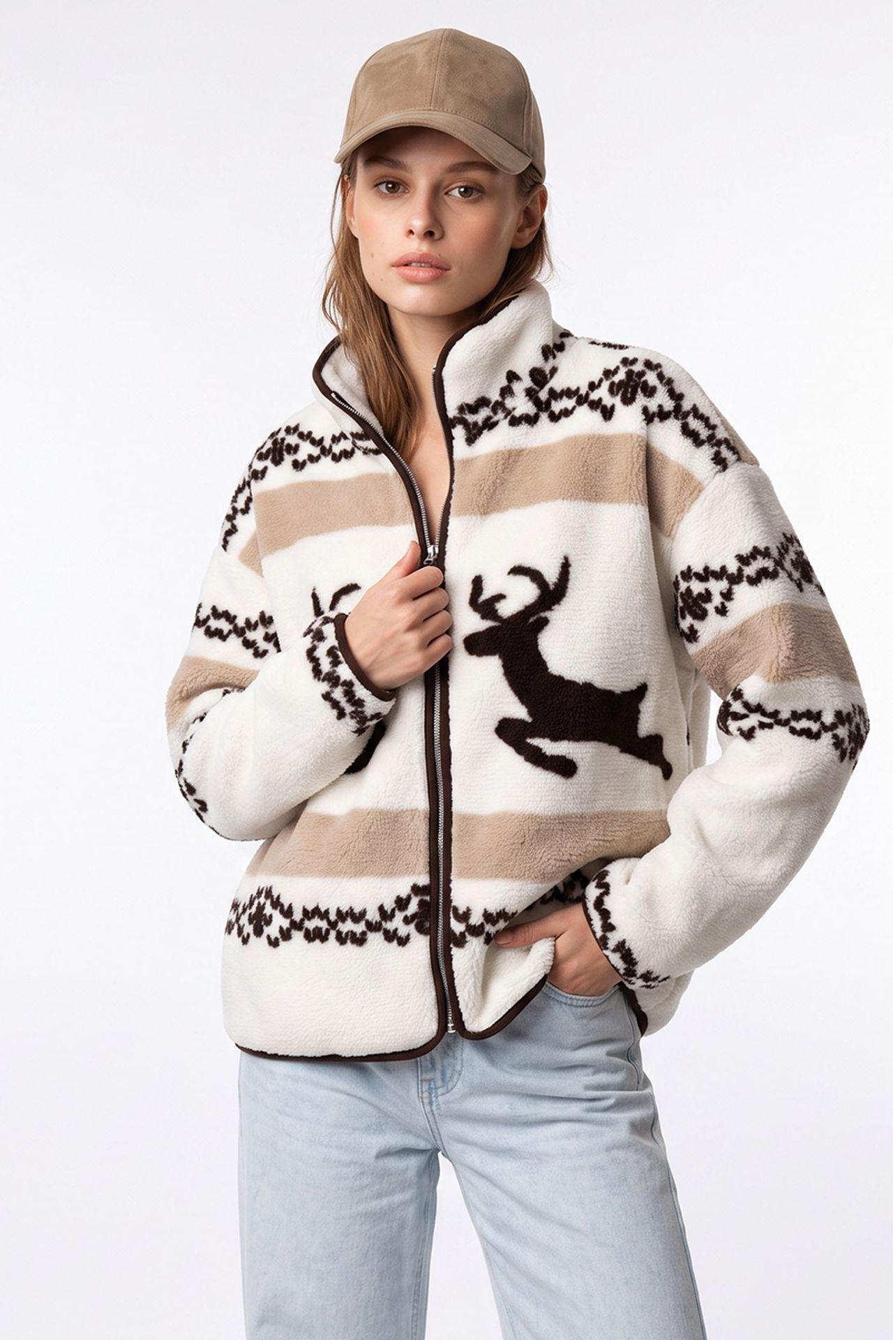 MIXRAY Kadın Geometrik Fermuarlı Yaka Sweatshirt 4