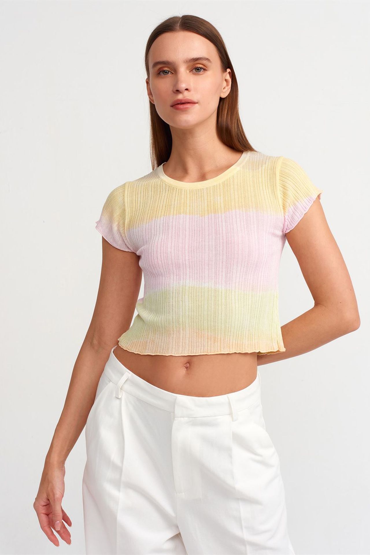 DILVIN Kadın Crop Ombre Fitilli Triko Kazak 2