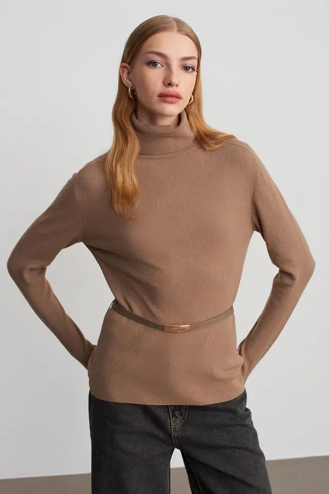 DILVIN Women's Belted Turtleneck Knit Sweater