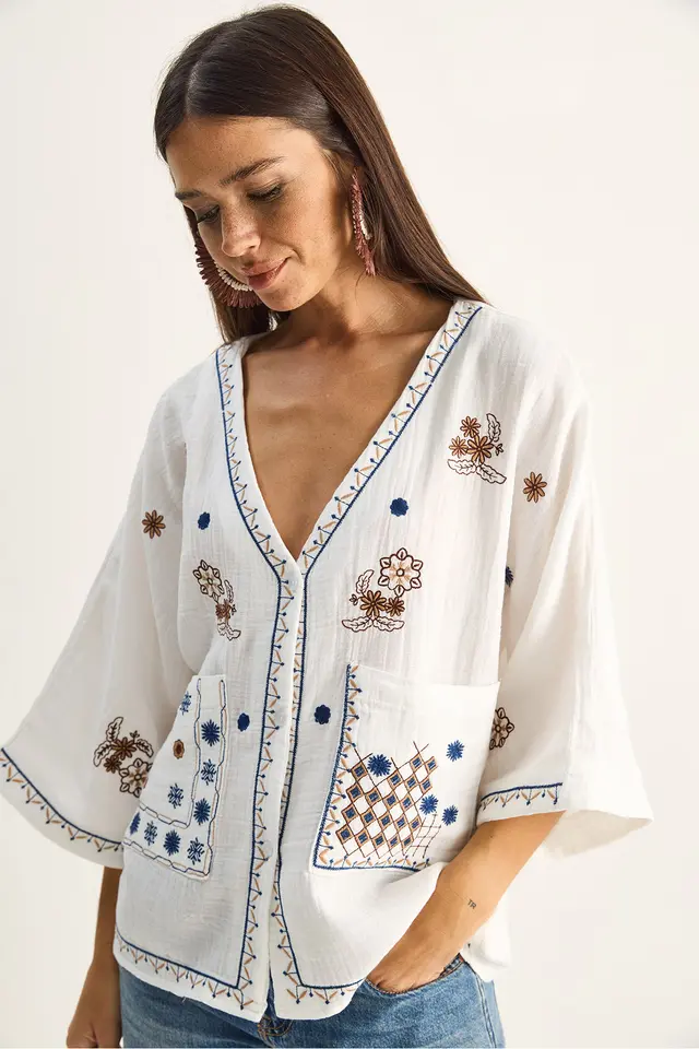 LUCCI Embroidered Cotton Crepe V-Neck Shirt
