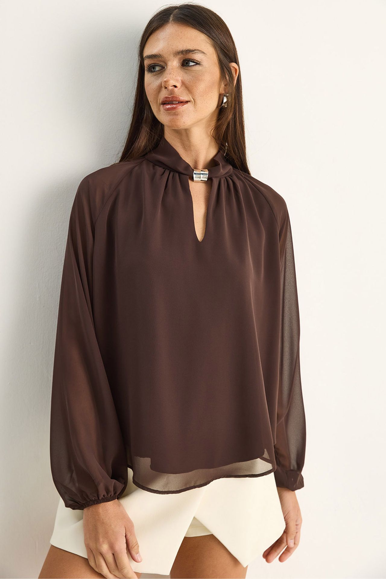LUCCI Mandarin Collar Chiffon Blouse with Stone Accessory 1