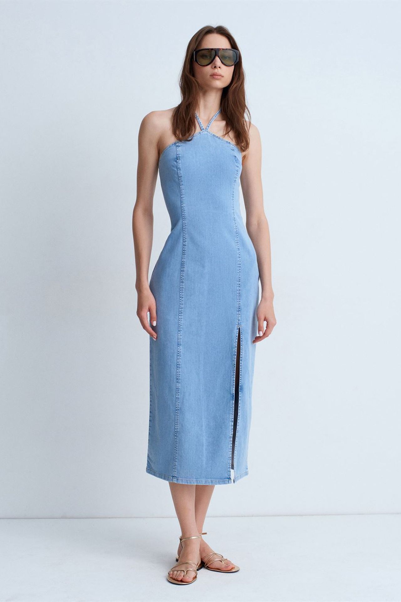 DILVIN Halter Neck Midi Denim Dress 1
