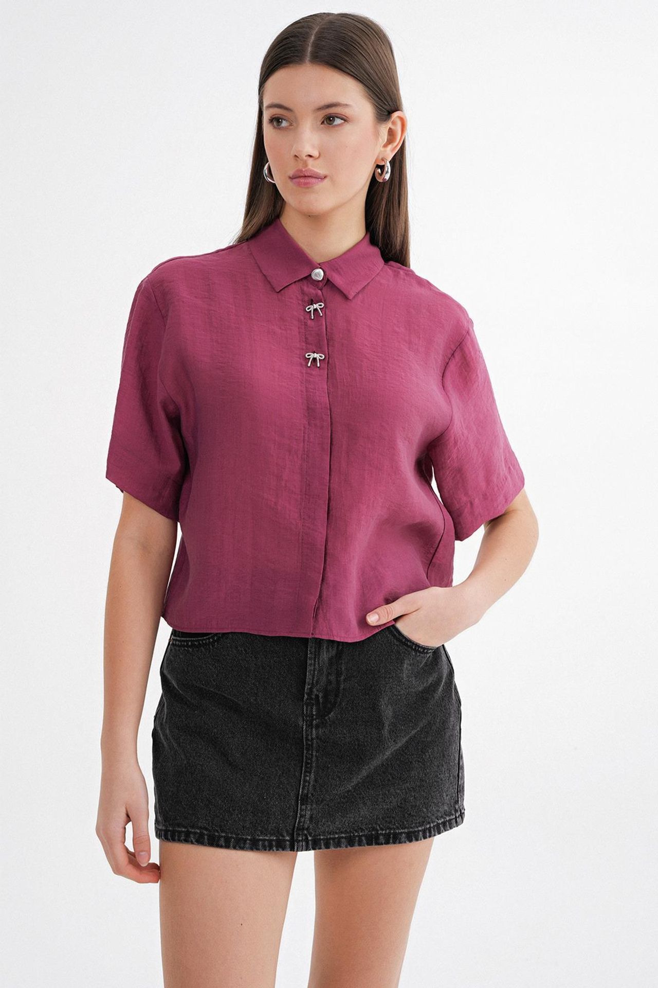 Mixray Short Sleeve Crop Shirt with Stone Accessories 3