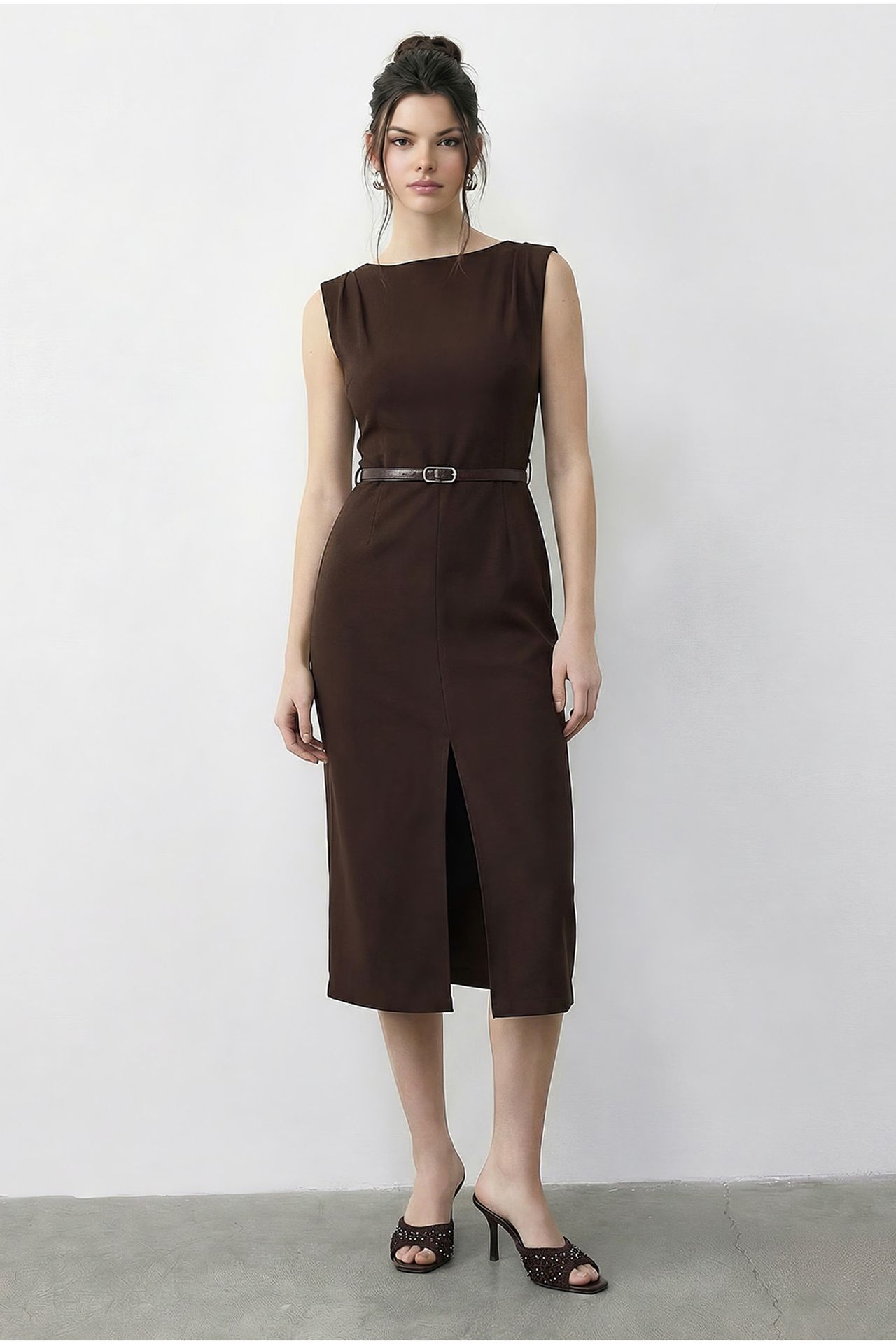 LUCCI Belted Midi Pencil Dress with Boat Neck 2