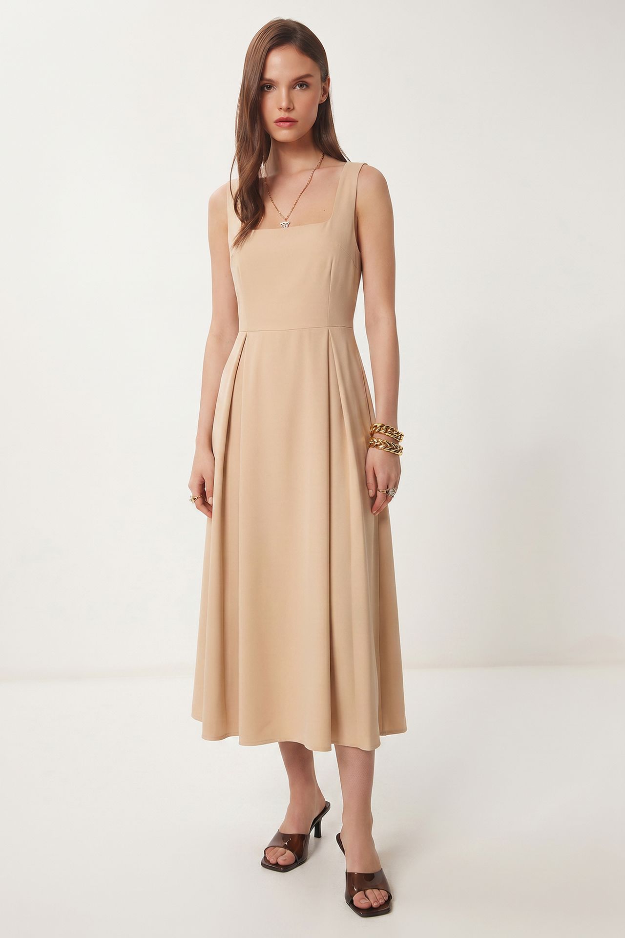 ISTANBUL Square Collar A-Form Midi Dress with Zipper Closure 1