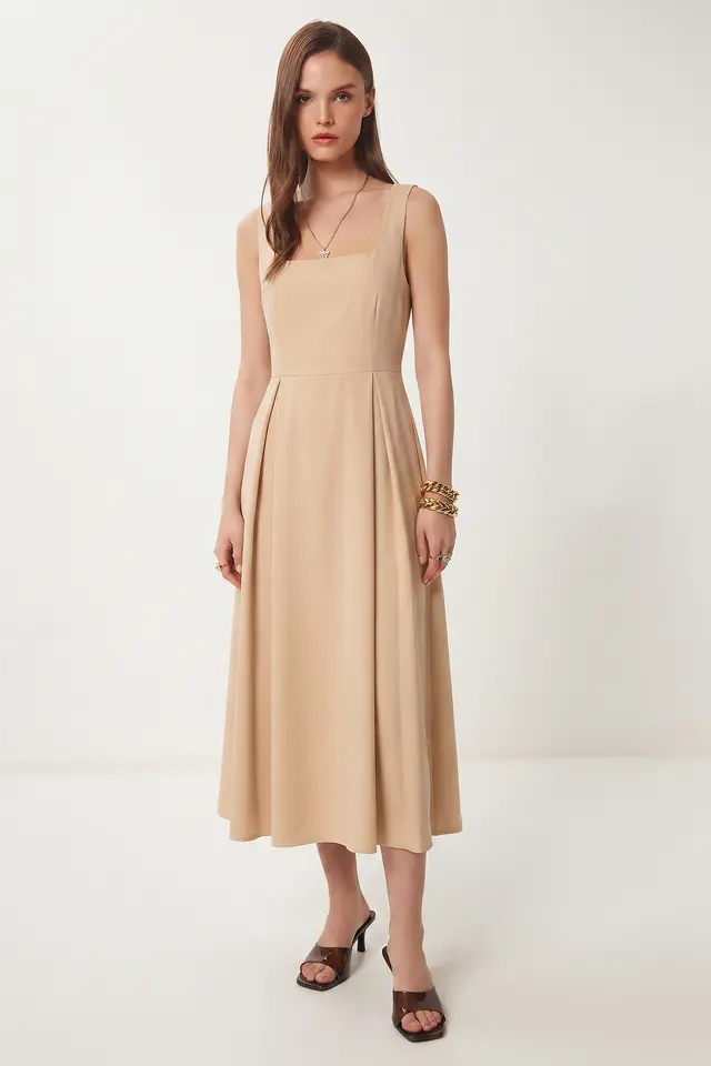 ISTANBUL Square Collar A-Form Midi Dress with Zipper Closure