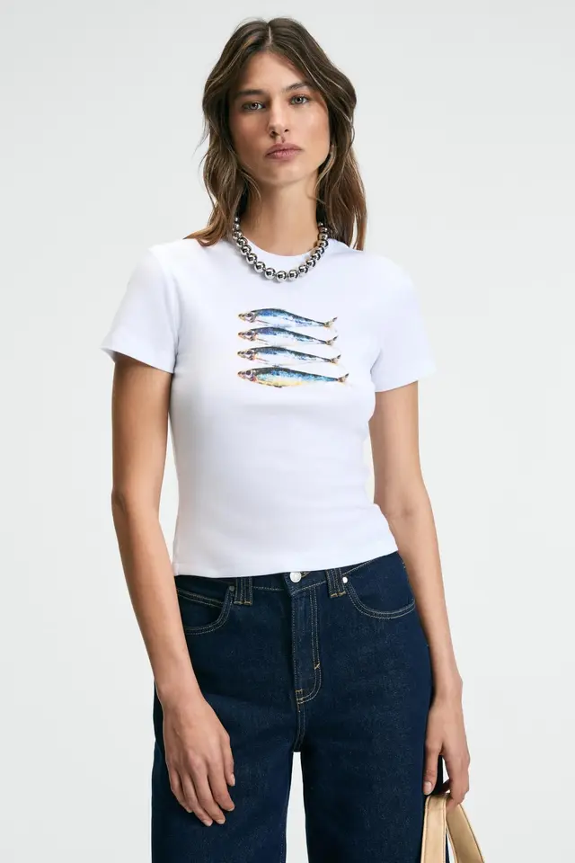 GRIMELANGE Printed Crop Crew Neck T-Shirt