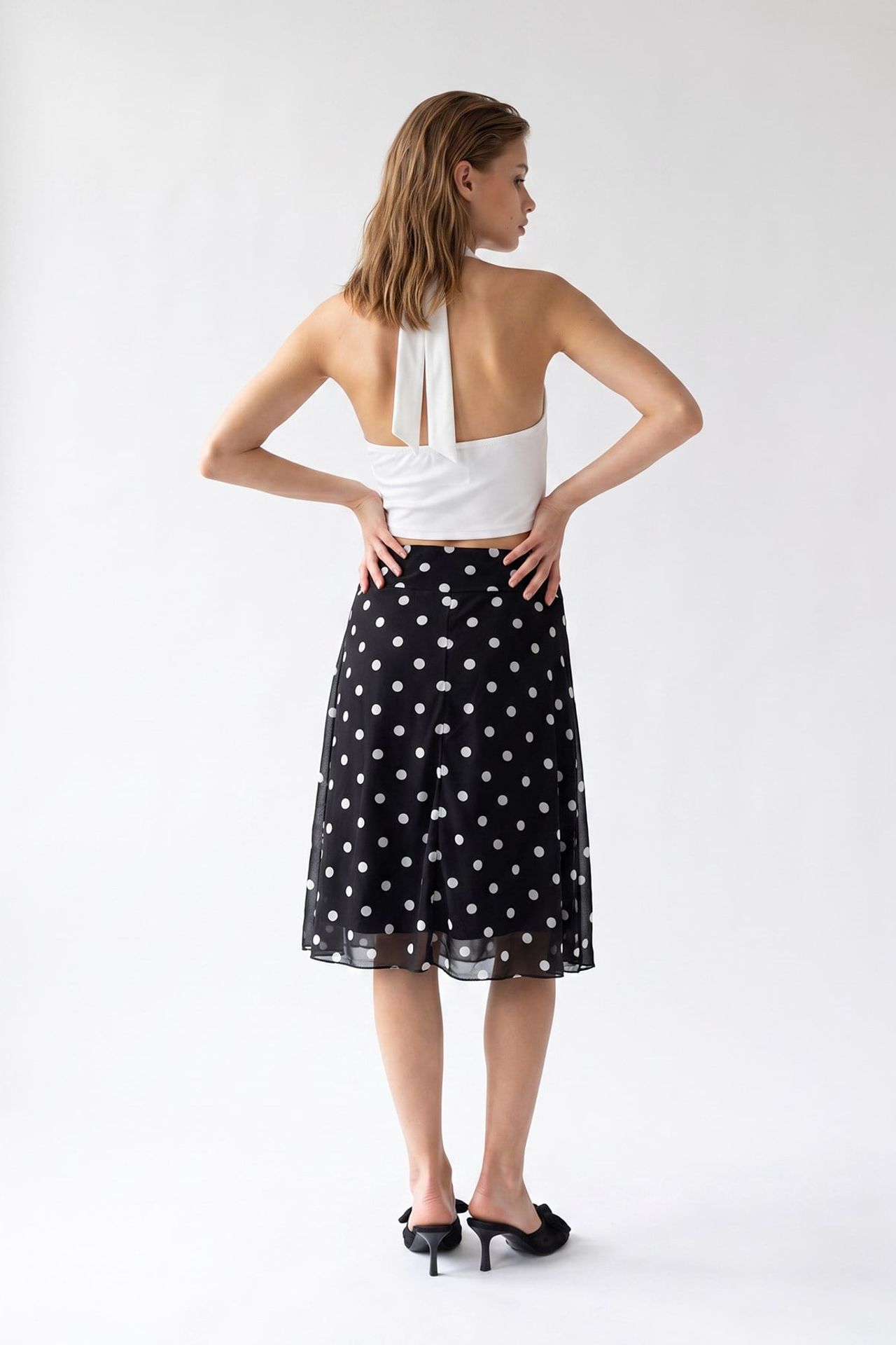 MIXRAY High-Waist Polka Dot Tulle Midi Skirt 5