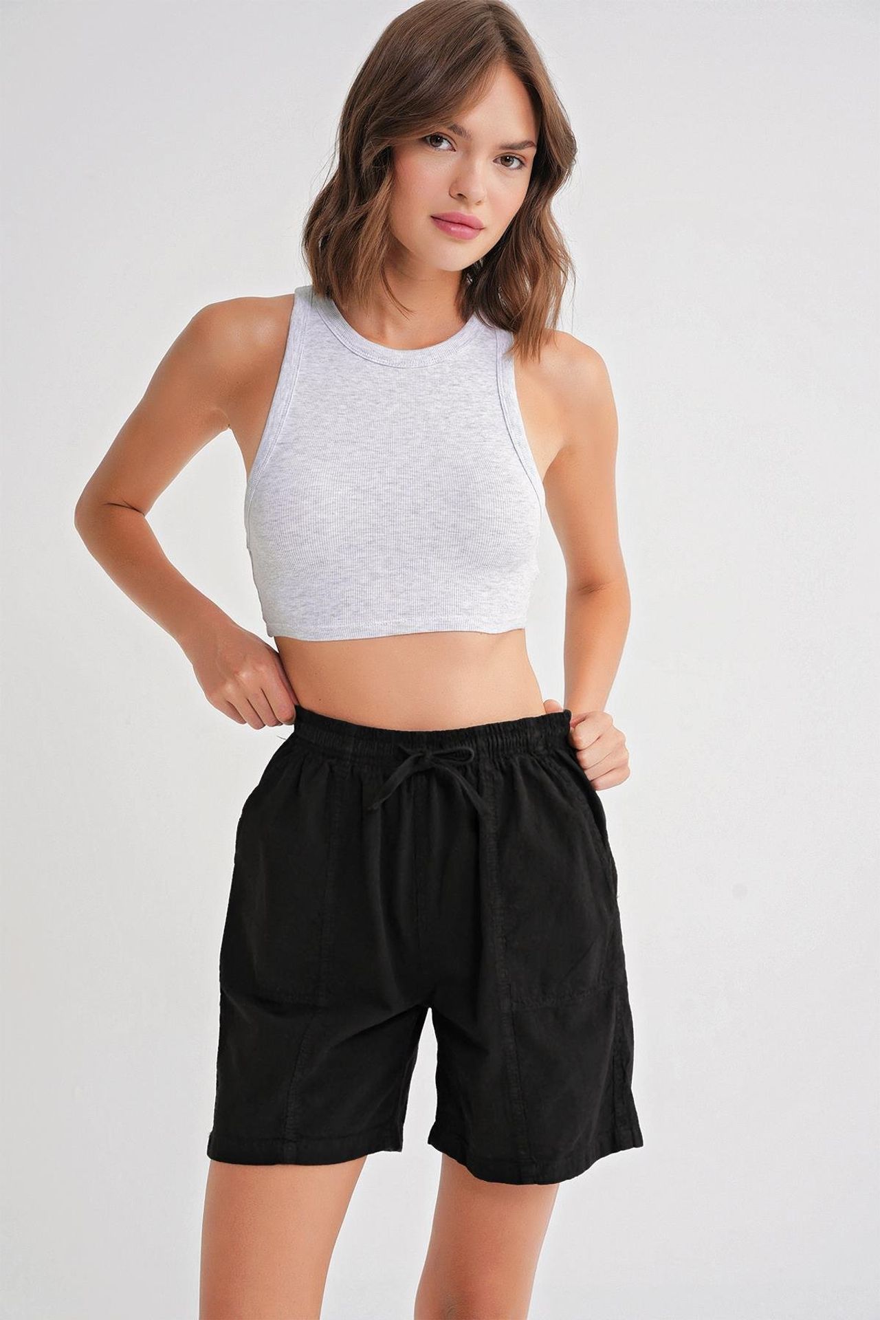 Mixray High Waist Cotton Drawstring Mini Shorts 3