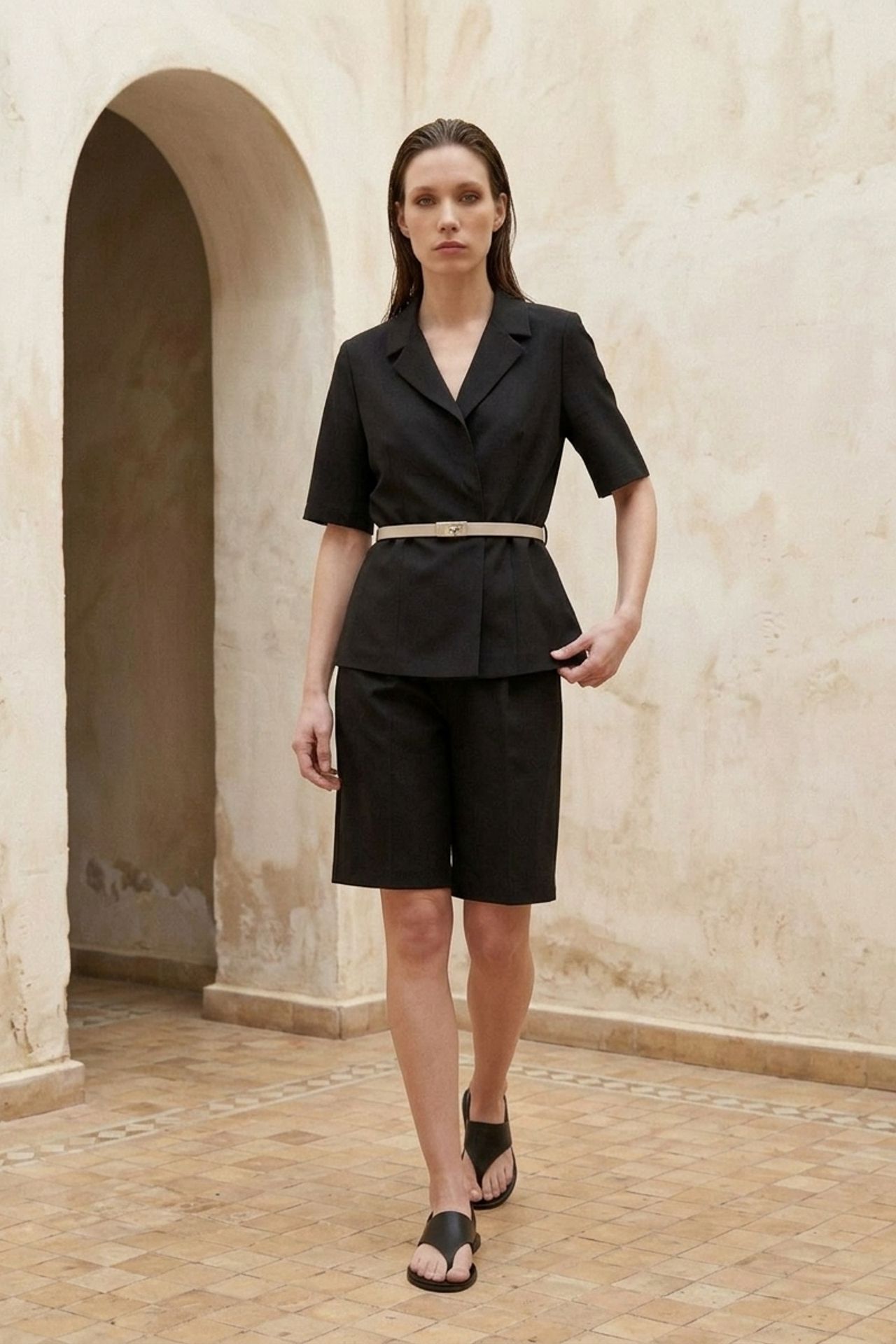 MY FASHION Belted Short Jacket and Wide-Leg Trousers Set 4