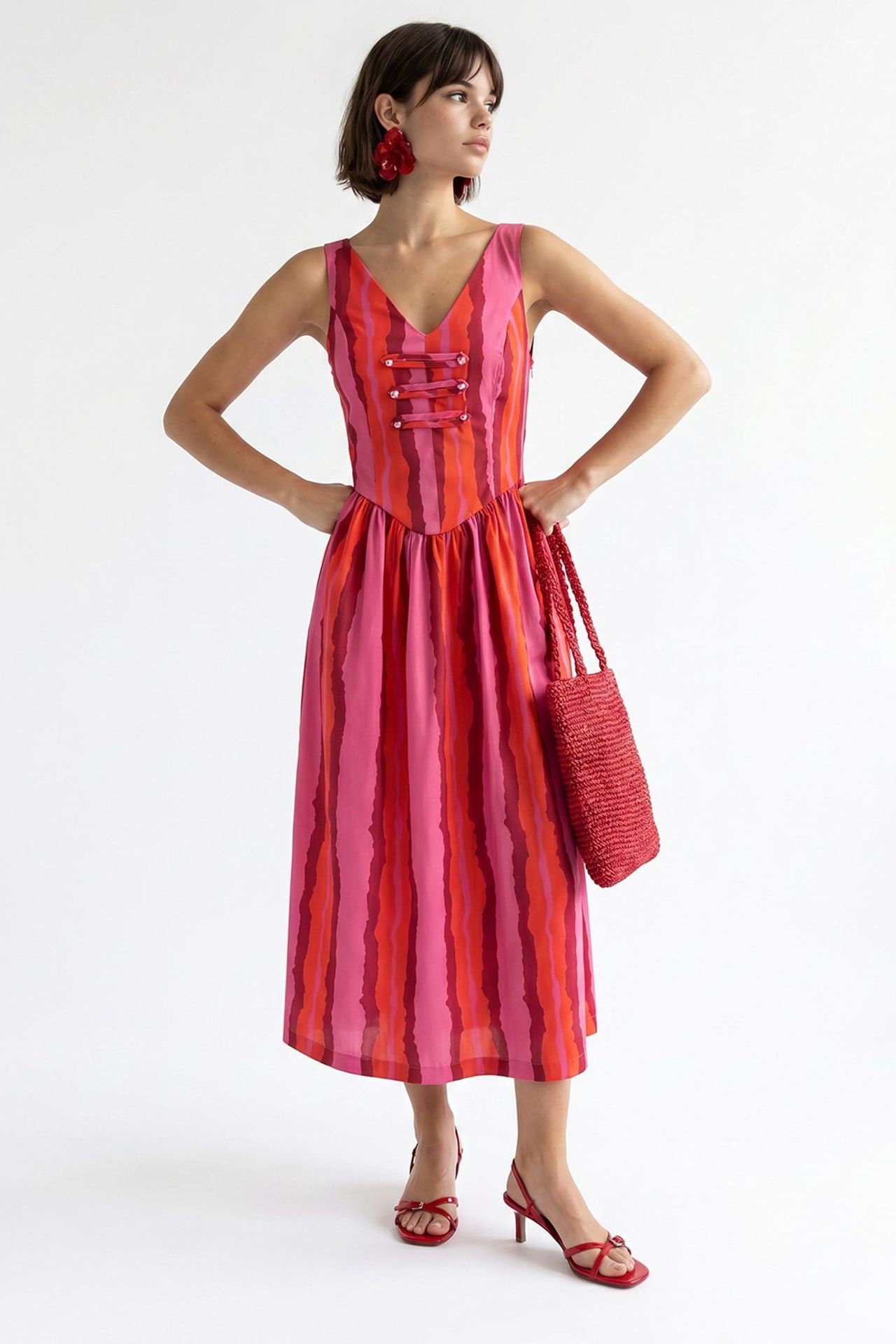 MIXRAY Striped A-line Midi Dress With Tie Detail 3