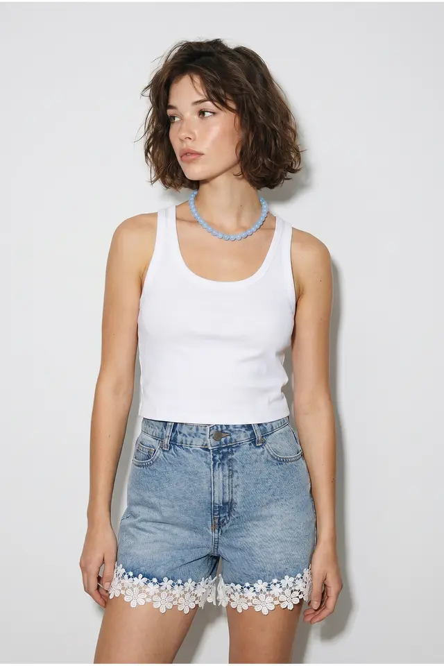 LUCCI High-Waist Cotton Denim Shorts With Lace Detail