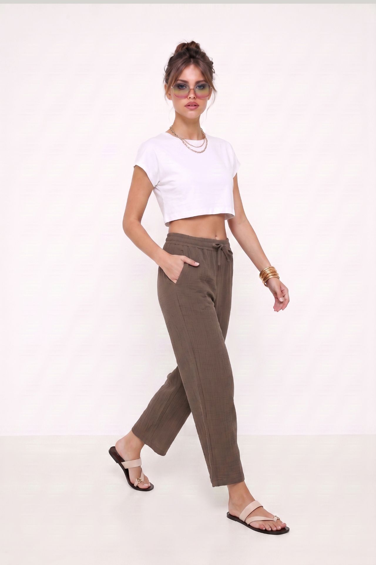 ISTANBUL Wide Leg Drawstring Waist Pants with Binding Detail 2