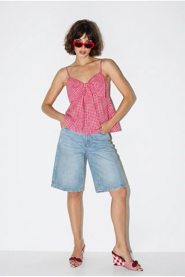 LUCCI Cotton-Blend V-Neck Cami Blouse With Bow Detail