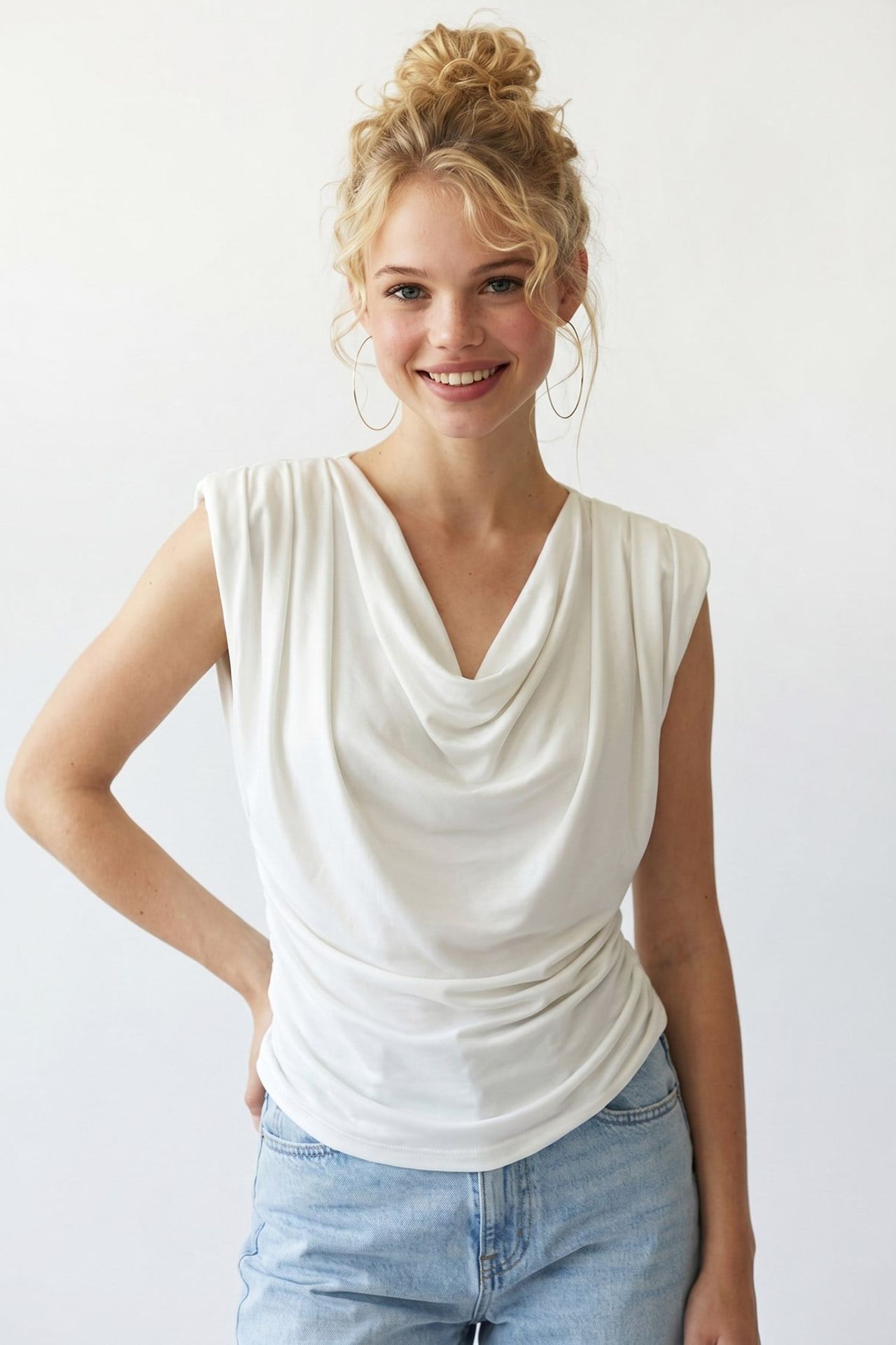 MIXRAY Sleeveless Cowl Neck Blouse 1