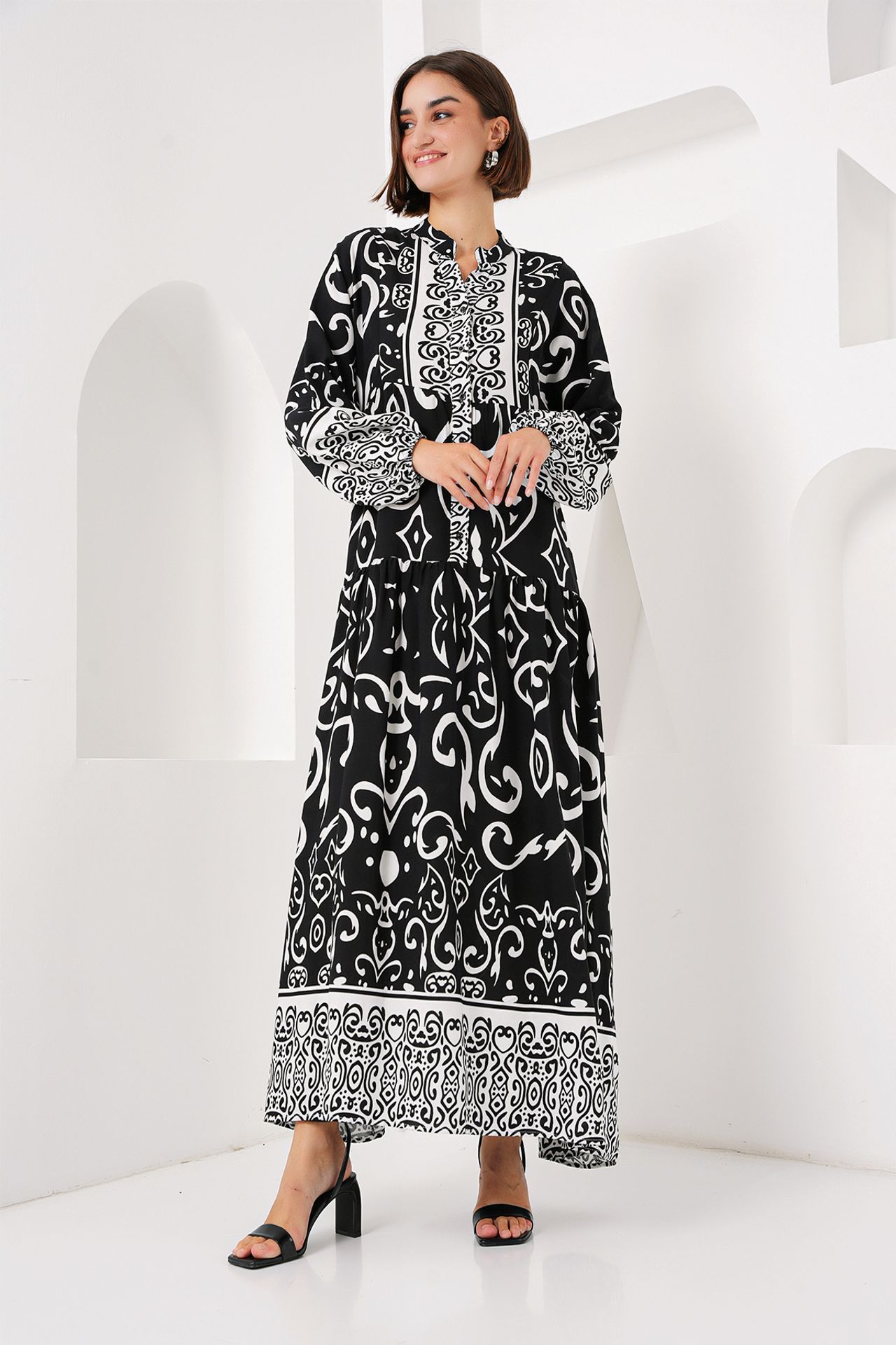 BDART Printed V-Neck Maxi Dress with Button Closure