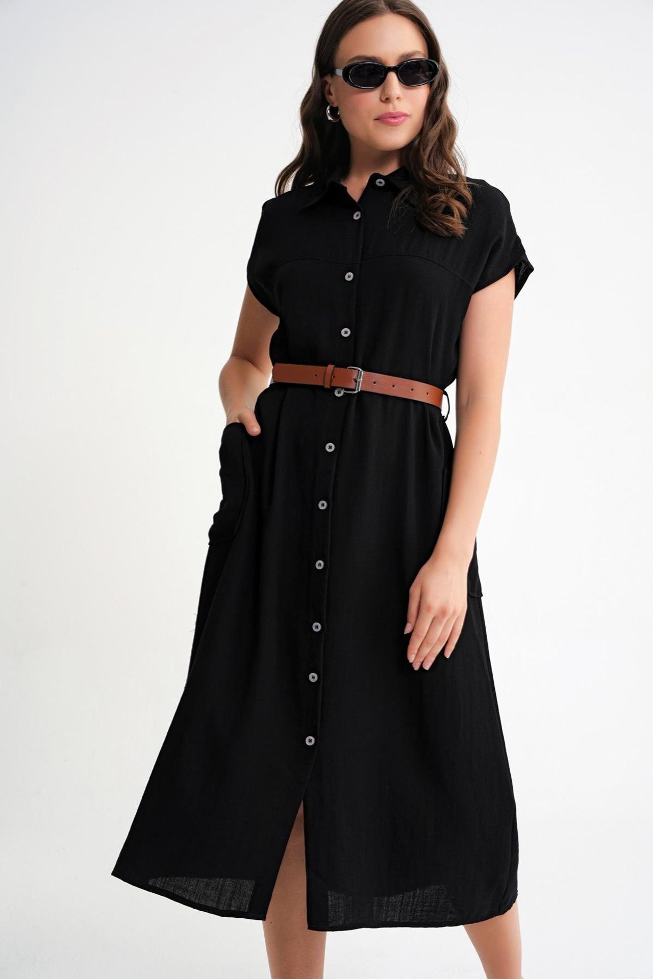 Mixray Midi Dress with Belt Detail and Buttoned Collar 1