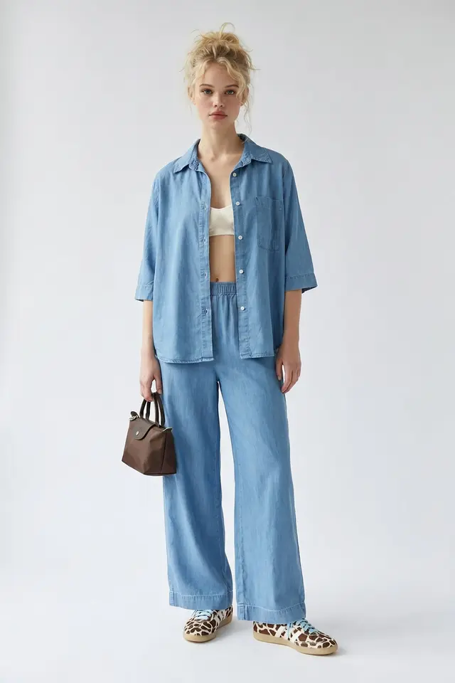 MIXRAY Cotton Shirt And Wide-leg Trouser Set