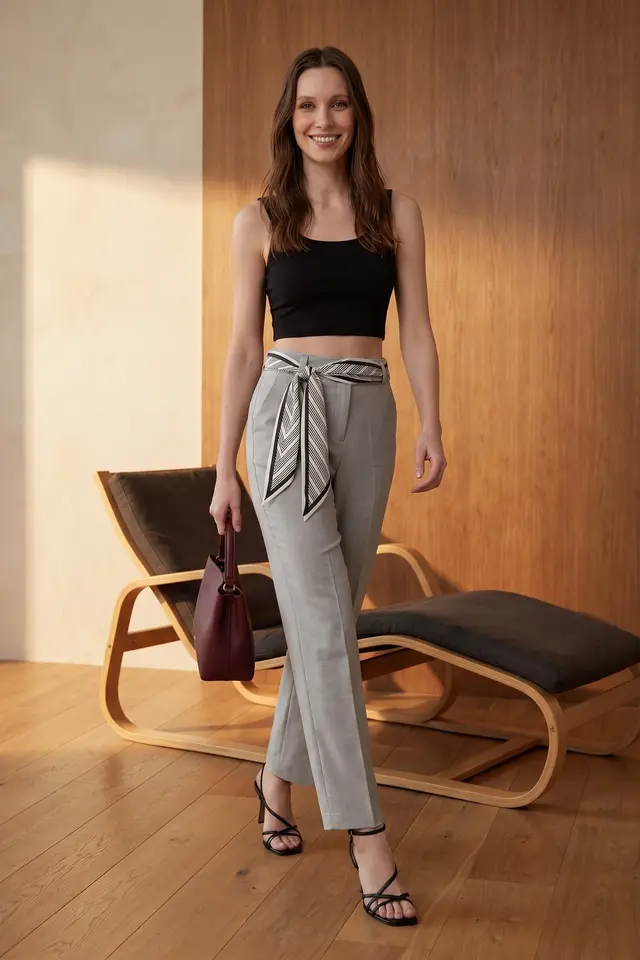 MY FASHION High-Waist Straight-Leg Crepe Trousers with Belt