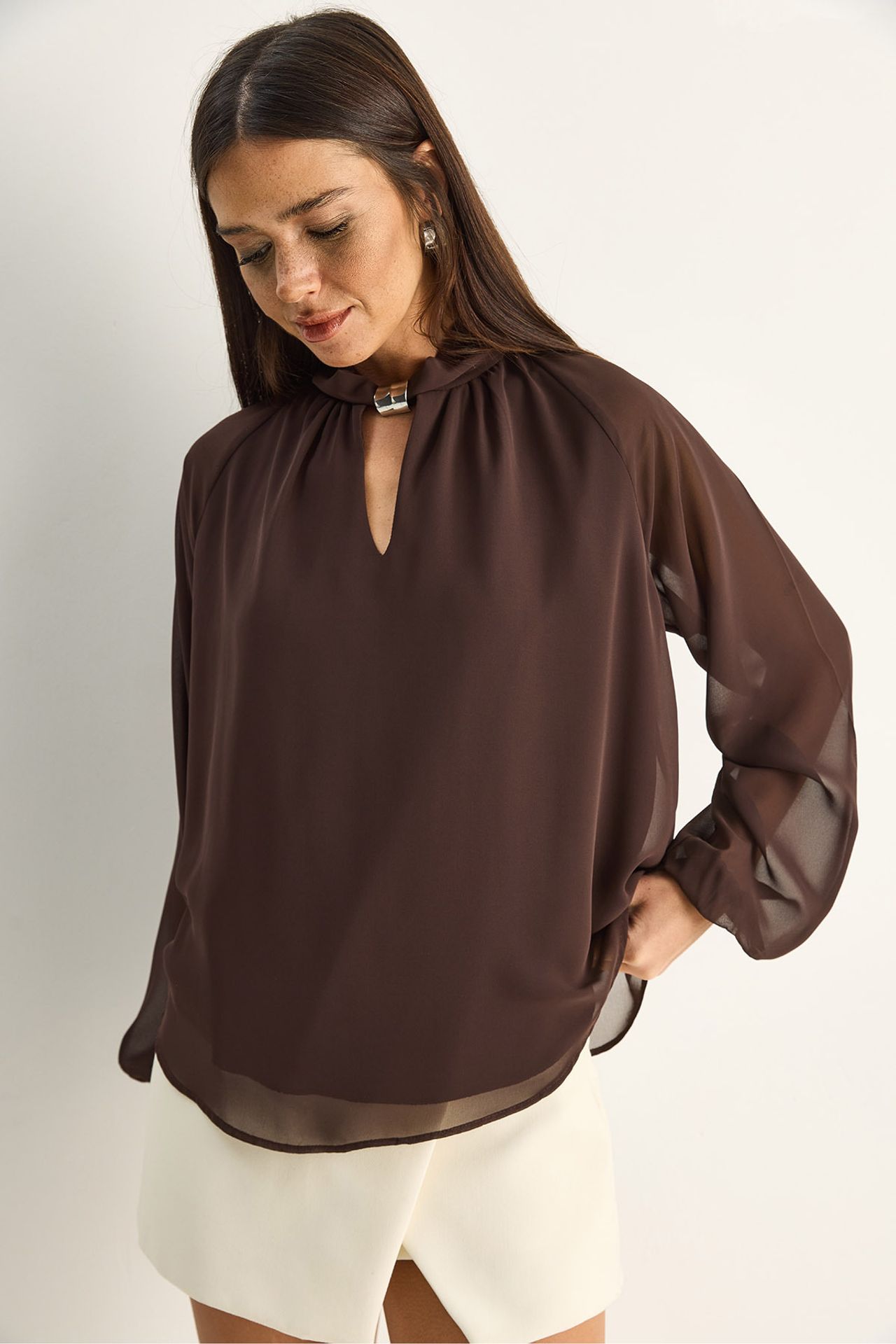 LUCCI Mandarin Collar Chiffon Blouse with Stone Accessory 3