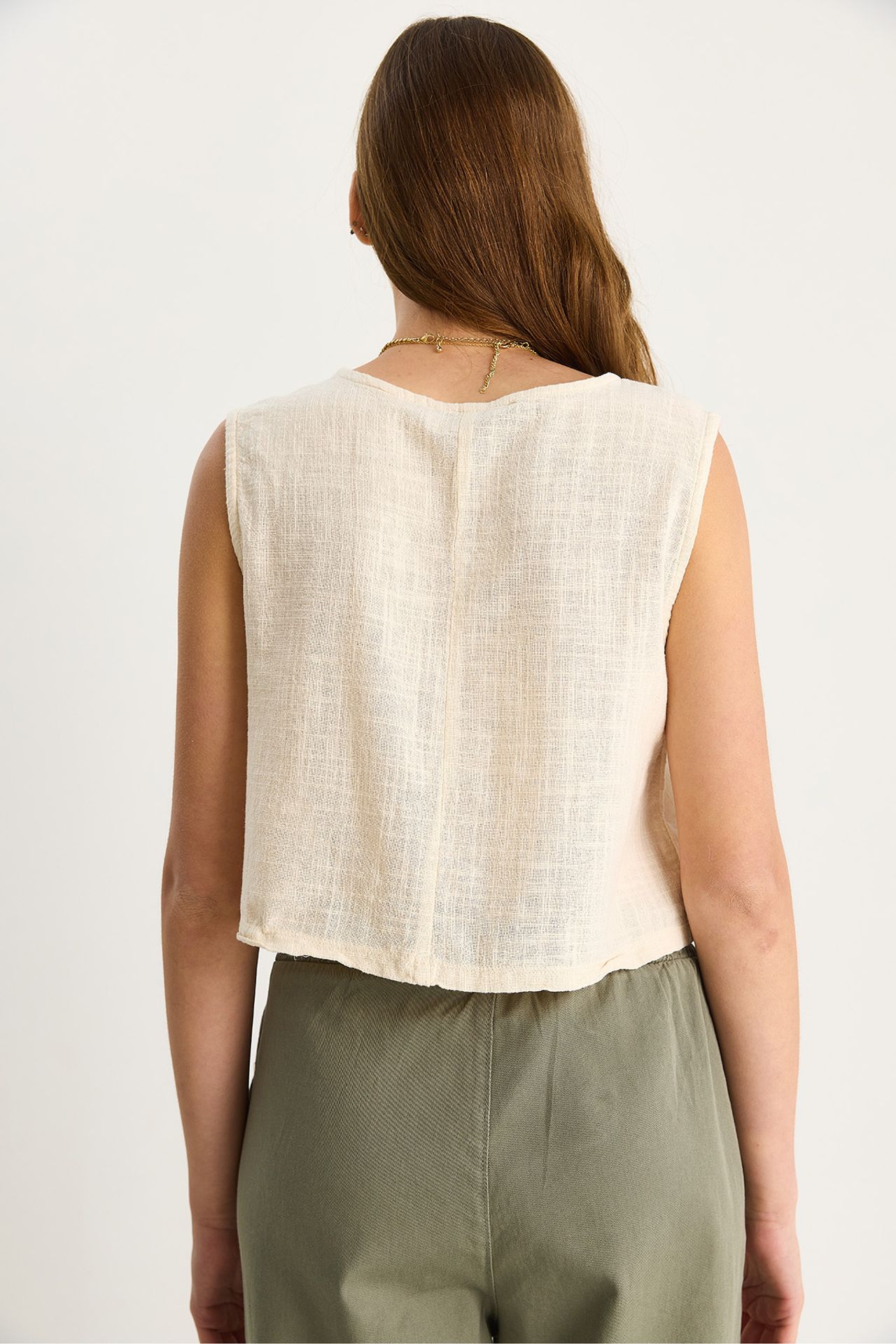 LUCCI Linen Blend Cropped Crew Neck Blouse 6