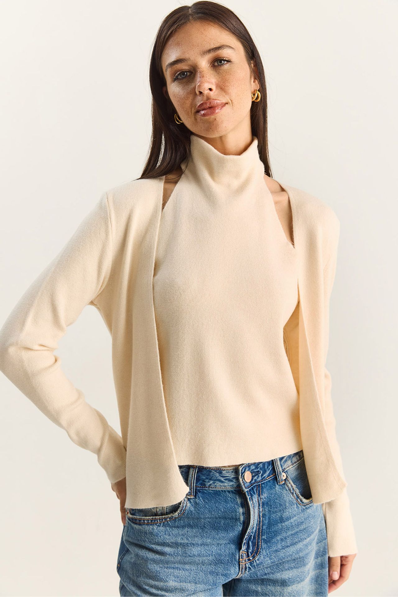 LUCCI Half Turtleneck Cut Out Ribbed Blouse 1