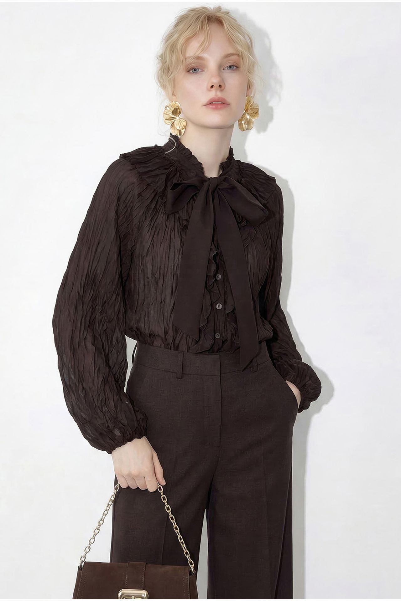 LUCCI Button-Up Crepe Blouse with Bow Detail 2