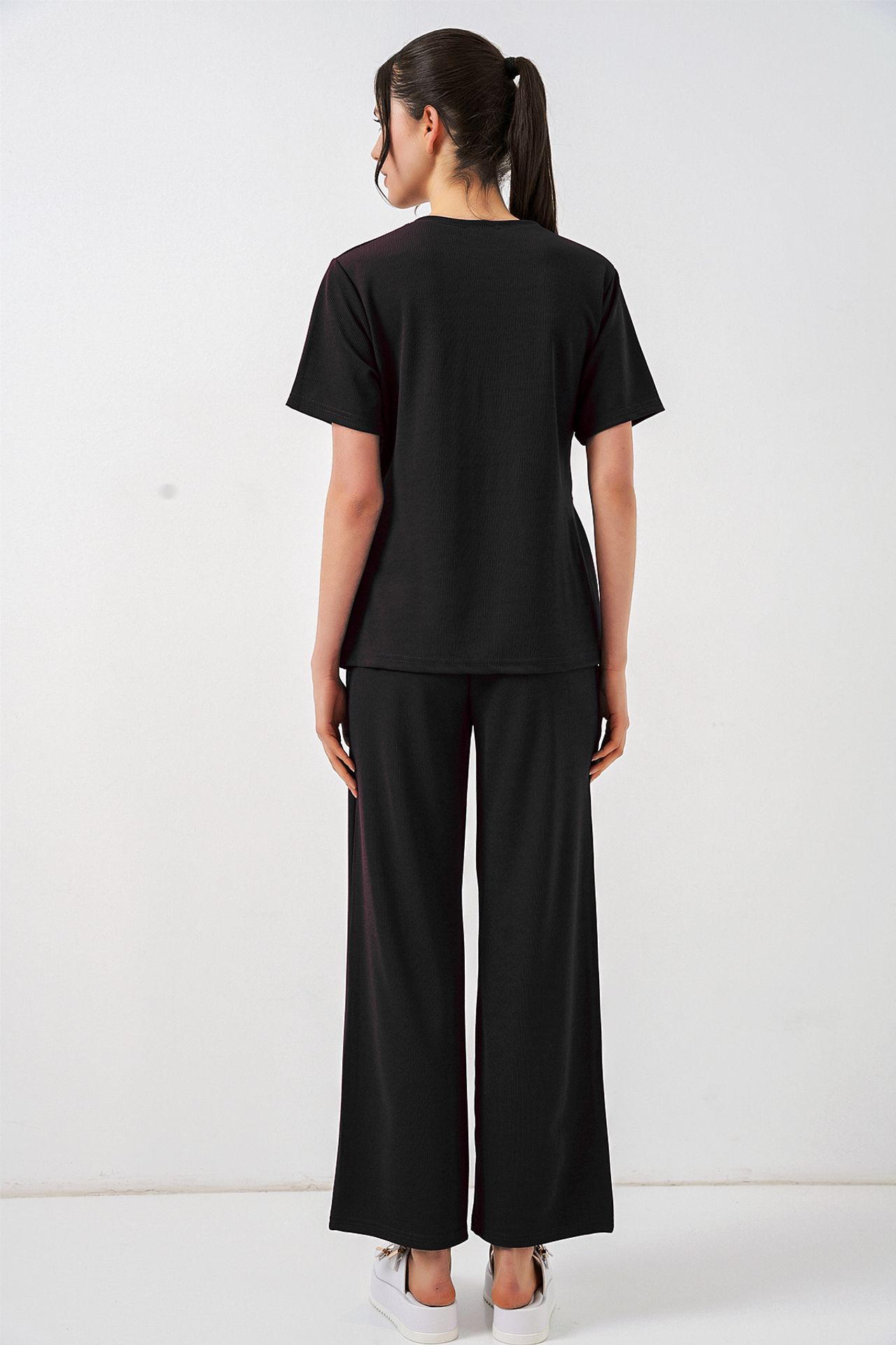 BDART Crew Neck Tie Detail Ribbed Co-Ord Set with Wide Leg Trousers 6