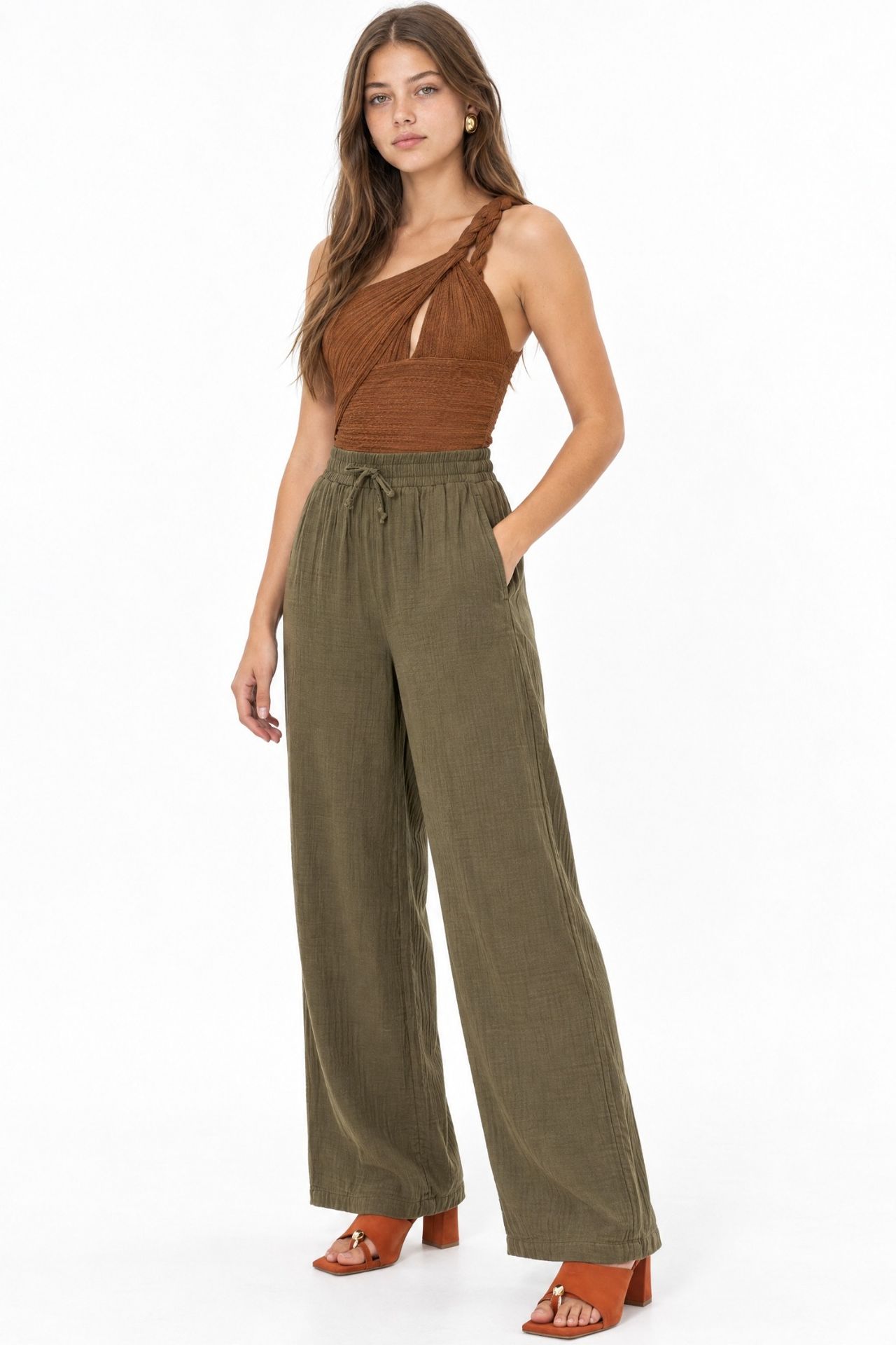 Mixray High Waist Textured Muslin Fabric Pants 2