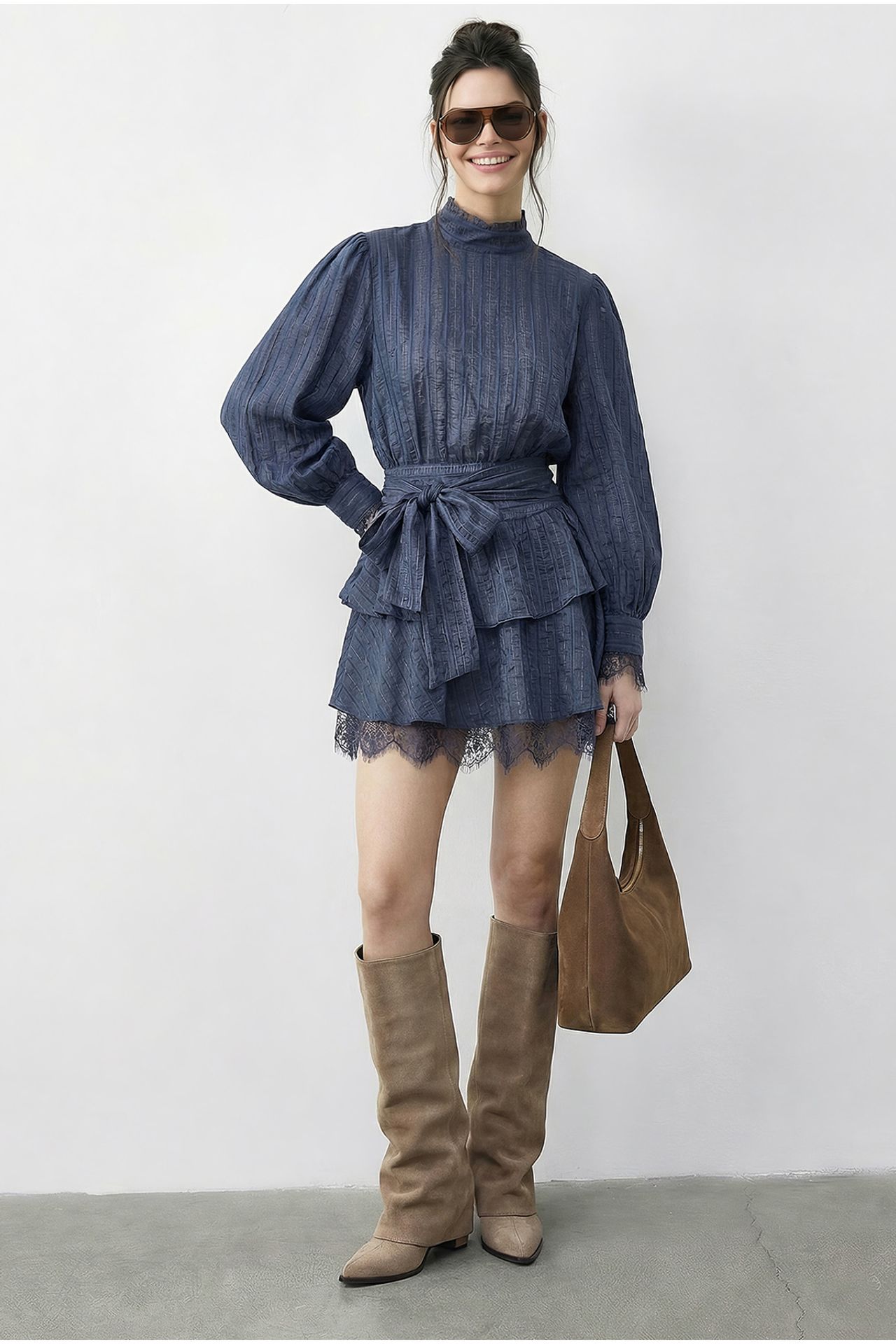 LUCCI Textured Mini Dress with Half Turtleneck and Lace Detail 3