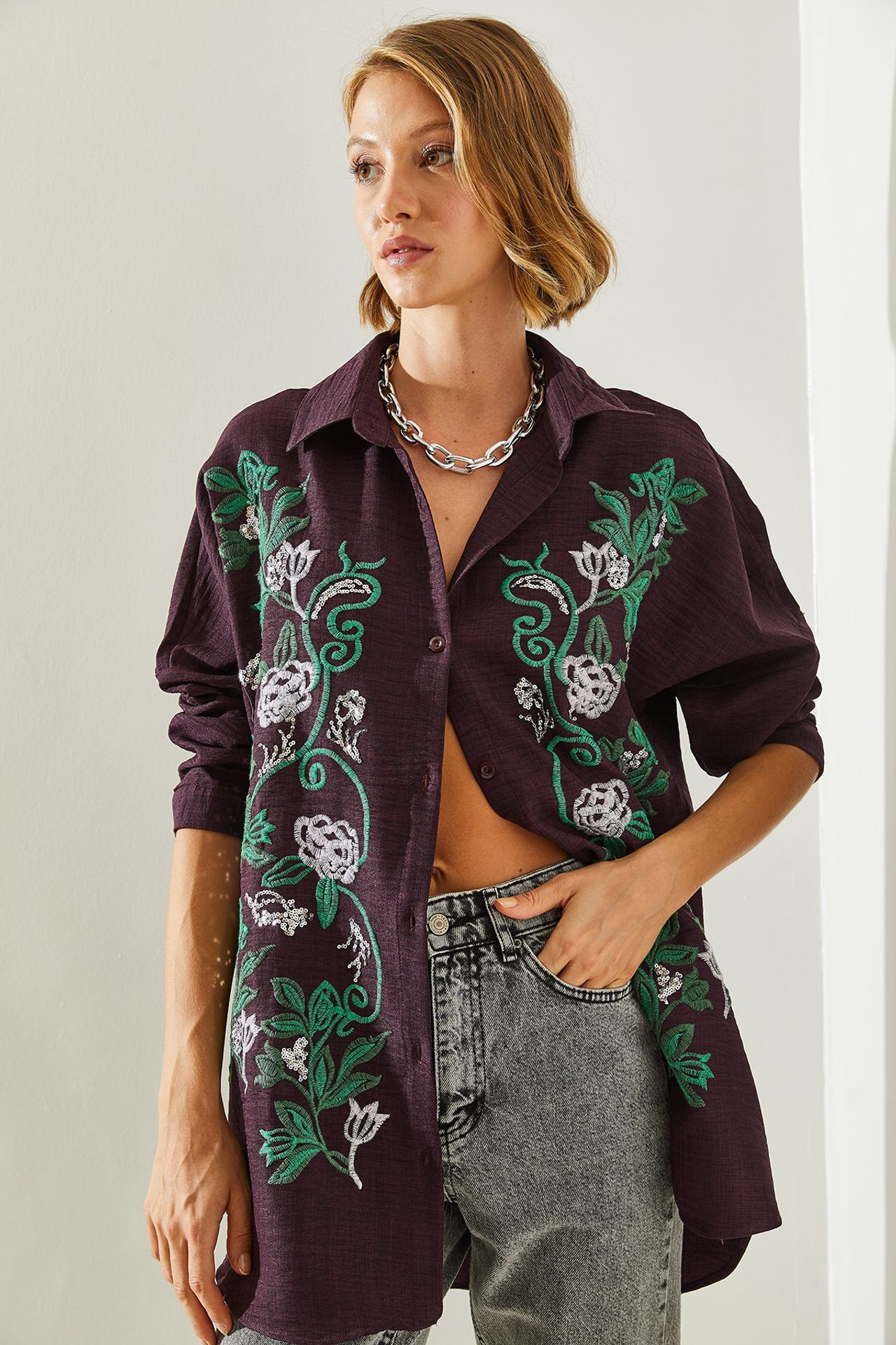 LUCCI Oversized Button-Up Shirt with Embroidery