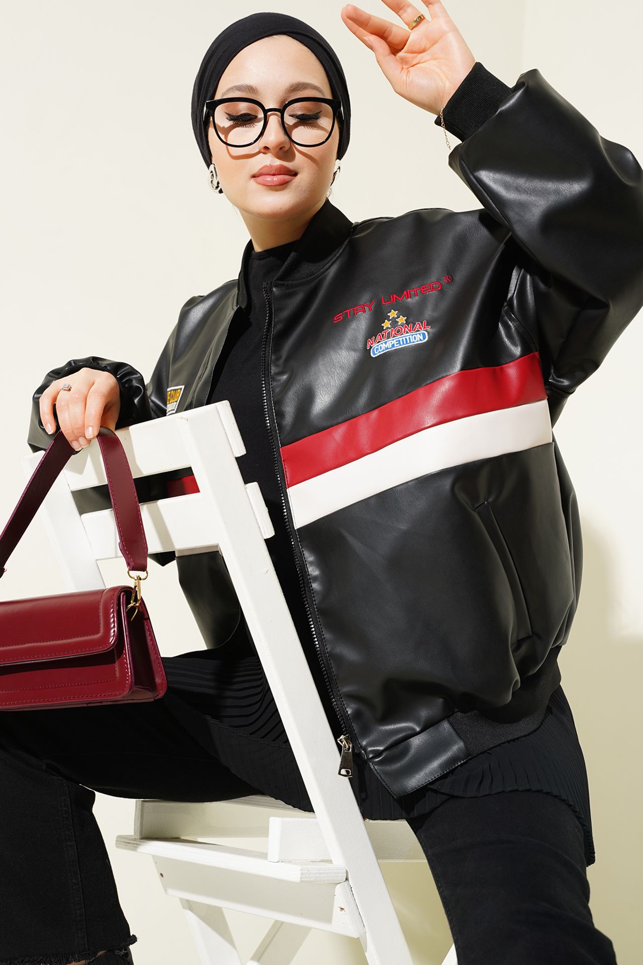 BDART Color Blocked Faux Leather Oversized Bomber Jacket 3