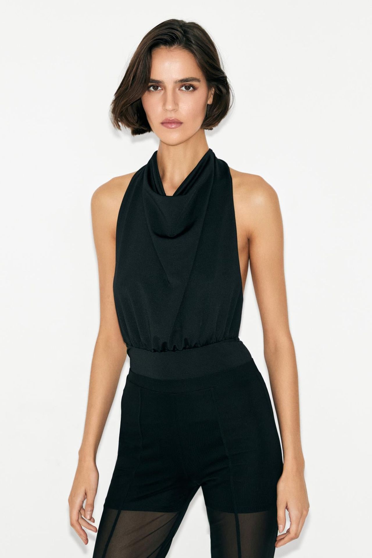 GRIMELANGE Cowl Neck Halter Backless Bodysuit 1