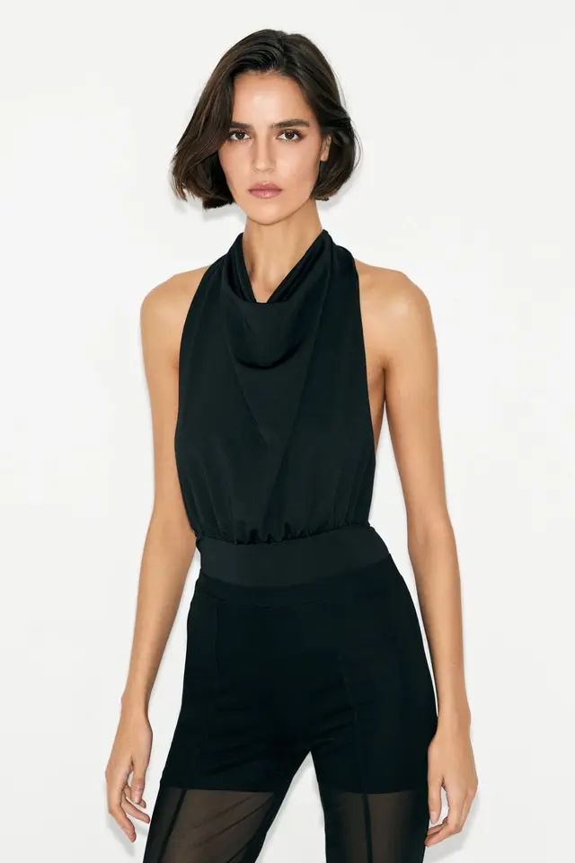 GRIMELANGE Cowl Neck Halter Backless Bodysuit