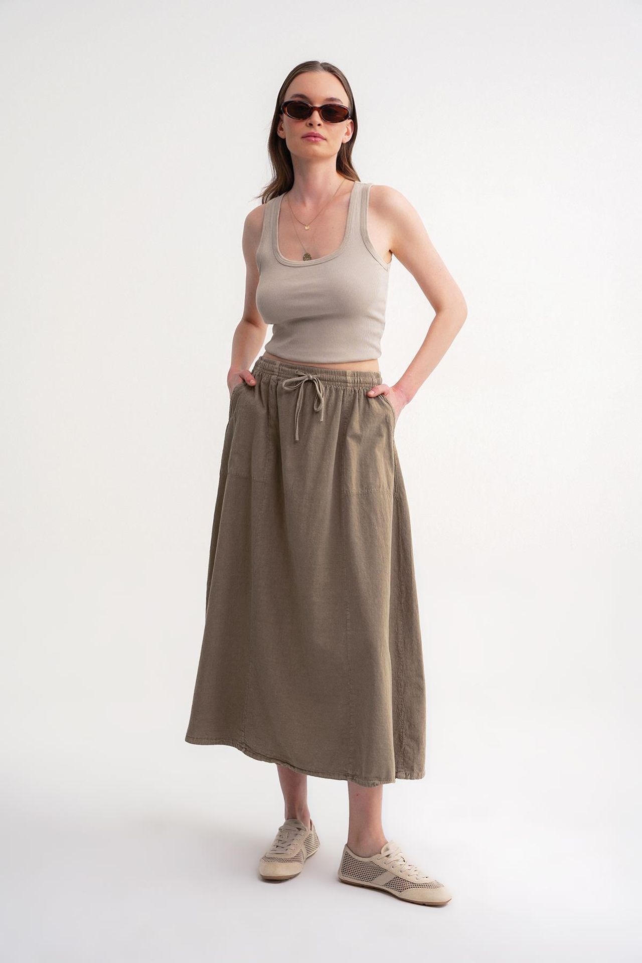 Mixray High-Waisted Poplin Skirt with Drawstring Detail 3